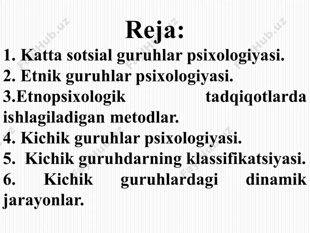 shu guruhlarni tashkil etuvchilarni tarbiyalashning asosiy mezonidir. guruhlarning turlari ko`p, shuning uchun ham ularni turli olimlar turlicha klassifikatsiya qiladilar. bizning nazarimizda, g.m.andreevaning "sosial psixologiya" darsligida klassifikatsiya guruhlarining asosiy turlarini o`z ichiga qamrab olgan. u har qanday kishilar guruhini avvalo shartli va real guruhlarga bo`ladi. real guruhlar aniq tadqiqot maqsadlarda to’plangan laboratoriya tipidagi hamda tabiiy guruhlarga bo`linadi. konkret faoliyat odamlarning tabiiy ehtiyojlari asosida tashkil bo`ladigan bunday tabiiy guruhlarning o`zi kishilarning soniga qarab katta va kichik guruhlarga bo`linadi. katta guruhlar uni tashkil etuvchilarning maqsadlari, fazoviy joylashishlari, psixologik xususiyatlariga qarab, uyushgan va uyushmagan turlarga, kichiklari esa o`z navbatida endi shakllanayotgan diffuz hamda taraqqiyotning yuksak pog’onasida ko’tarila olgan jamoa turlariga bo`linadi. guruhlarning sotsial psixologiya uchun ayniqsa muhim hisoblangan turlariga ta`rif berish va ularning psixologik qonuniyatlarini o`rganishni maqsad qilib qo’ygan holda, bevosita katta guruhlarning sosial psixologik qonuniyatlarini o`rganishga o’tamiz. katta guruhlar kishilarning shunday birlashmalariki, undagi odamlar soni avvalo ko`pchilikni tashkil etib, ma`lum sinfiy, ilmiy, irqiy, …