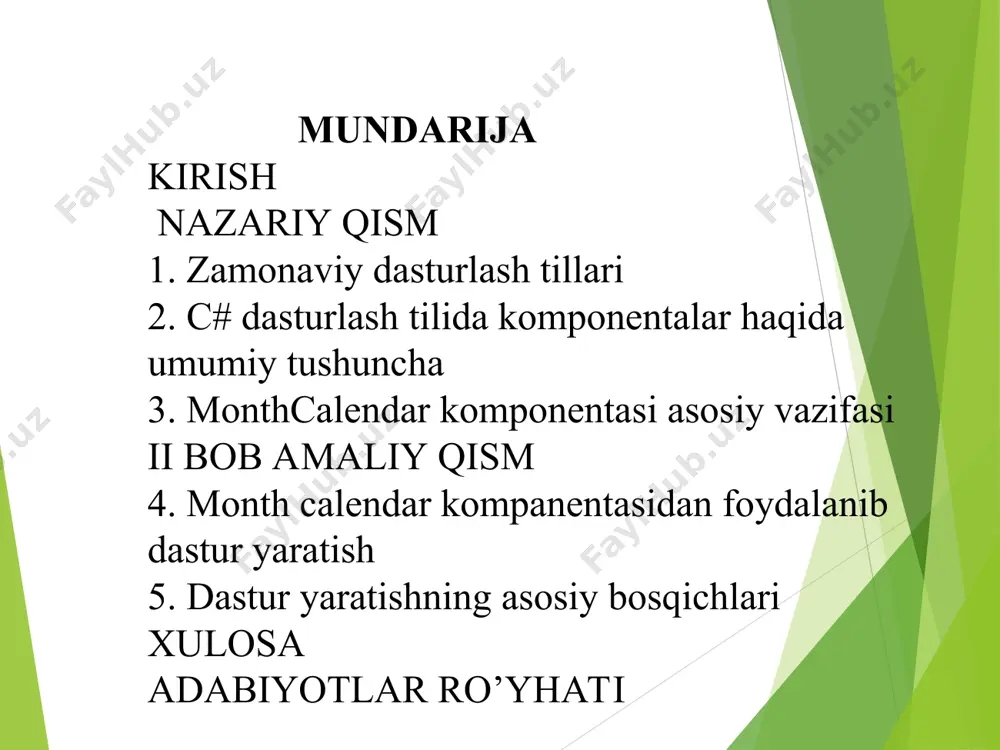 n, monthcalendar, 2ta panel, richtextbox , button komponentalarini oynaga tashlaymiz. dastur oynasi ko’rinishi: budilnik dasturi. budilnik dasturida form1 oynasi uchun uchun kerakli komponentalar : 7ta label, 4ta button, picturebox, monthcalendar, 2ta numericupdown, maskedtextbox, textbox, windowsmediaplayer,openfilediolog,4ta timer komponentalarga vazifasiga mos nom beramiz: dasturda yangi form va class oynalarini ochamiz. form2 oynasiga 4ta panel, 4ta radiobutton, 4ta label, 5ta maskedtextbox, 3ta button, 4ta textbox komponentalarini tashlaymiz. form2 oynasining ko’rinishi: bu yerda class oynasining vazifasi form1 va form2 oynalaridagi komponentalar qiymatlariga boshqa oynadan turib murojat qilishdir. qisqacha qilib aytadigan bo’lsam form oynalari o’rtasida bog’lovchi ko’prik vazifasini class oynasi bajaradi. xulosa men ushbu kurs ishini tayyorlash mobaynida yangi bilimlarga ega bo’ldim. monthcalendar komponentining xususiyatlarini o’rgandim. bundan tashqari timer, windowsmediaplayer, numericupdown komponentalari haqida ma’lumotga ega bo’ldim. endilikda bu olgan bilimlarimni yanada chuqurlashtirib yurtimizga munosib farzand bo’lib menga berilgan ishonchni oqlashga harakat qilaman. adabiyotlar ro`yhati 1. aripov m.m., imomov t., irmuhamedov z.m. va boshqalar. "informatika va …