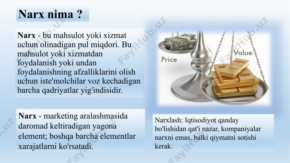 tlar narxlarni belgilashning eng oddiy usuli- bu qo'shimcha narx (yoki markirovka narxlari)- mahsulot tannarxiga standart belgi qo'shish. masalan, qurilish kompaniyalari loyihaning umumiy qiymatini hisoblab, foyda olish uchun standart belgini qo`shishadi. qo'shimcha narxni ko'rsatish uchun, toaster mashinasi ishlab chiqaruvchisi quyidagi xarajatlarga va kutilgan sotishga ega edi. doimiy xarajatlar - $10 o’zgaruvchan xarajatlar- $300,000 kutilayotgan birlik sotuvi – 50,000 ishlab chiqaruvchilarning tushdi mashinasi narxi quyidagicha hisoblanadi: birlik narx = o’zgaruvchan xarajatlar + domiy xarajatlar/birlik sotuvi = $10 + $300,000/$50,000 = $16 endi ishlab chiqaruvchi sotishdan 20 foizlik qo'shimcha daromad olishni xohlasin. ishlab chiqaruvchining qo`shimcha narxi quyidagilar bilan belgilanadi: qo`shimcha narx = birlik narx/1-sotishdan tushgan daromad = $16/1-0.2 = $20. ishlab chiqaruvchi dilerlardan toaster mashinasi uchun $20 oladi va har bir birlik uchun $4 foyda ko'radi. dilerlar, o'z navbatida, toaster mashinasini belgilaydilar. agar dilerlar sotish narxidan 50 foiz daromad olishni xohlasalar, ular tushdi mashinasini $40ga belgilaydilar (+20 + 40% dan 50%). bu raqam …