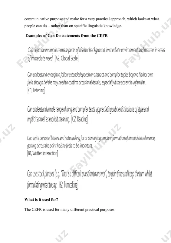 nguages and also offer ‘a means to map the progress’ of learners. the scales in the cefr are not exhaustive. they cannot cover every possible context of language use and do not attempt to do so. whilst they have been empirically validated, some of them still have significant gaps, e.g. at the lowest level (a1) and at the top of the scale (the c levels). certain contexts are less well elaborated, e.g. young learners. the cefr is not an international standard or seal of approval. most test providers, textbook writers and curriculum designers now claim links to the cefr. however, the quality of the claims can vary (as can the quality of the tests, textbooks and curricula themselves). there is no single ‘best’ method of carrying out an alignment study or accounting for claims which are made. what is required is a reasoned explanation backed up by supporting evidence. the …
