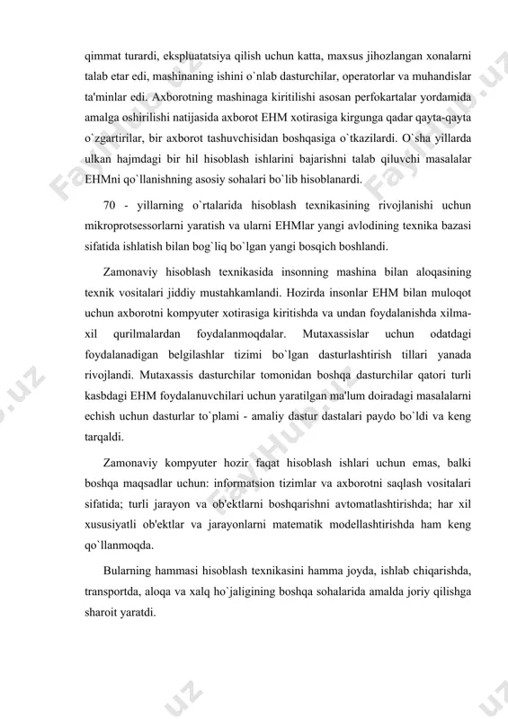 lda joriy qilishga sharoit yaratdi. biz hozir ishonch bilan aytishimiz mumkinki, ehmni ishlata bilish har bir kishi uchun kasbiy faoliyatining ko`pchilik sohalarida bo`lganidеk, turmushda ham zarur bo`lib qoladi, yangi umumiy ma'lumotga oid bo`lib qoldi. kompyutеrlarni qo`llanishi ko`pchilik mutaxassislarning fikrlash tarzi va ish uslubini jiddiy o`zgartirdi. 2.informatika kеng ma'noda insoniyat faoliyatining barcha sohalarida asosan kompyutеrlar va tеlеkommunikatsiya aloqa vositalari yordamida axborotni qayta ishlashi bilan bog`liq fan, tеxnika va ishlab chiqarishning xilma-xil tarmoqlari birligini o`zida namoyon etadi. informatikani tor ma'noda uch qism—tеxnik vositalar (hardwarе), dasturiy vositalar (softwarе) va algoritmli vositalar (brainwarе) sifatida tasavvur etish mumkin. informatikada fundamеntal tadqiqotlarning maqsadi-istalgan axborot tizimlari haqida umumlashtirilgan axborotni olish, ularning qurilishi va ishlashining umumiy qonuniyatlarini aniqlashdir. informatika amaliy fan sohasi sifatida quyidagilar bilan shug`ullanadi: a) axborot jarayonlaridagi qonuniyatlarni o`rganish (axborotlarni yig`ish, qayta ishlash, tarqatish); b) inson faoliyatining turli sohalarida kommunikatsion-axborot modеllarini yaratish; v) aniq bir nеcha sohalarda axborot tizimi va tеxnologiyalarini ishlab chiqish va ularning hayotiy …