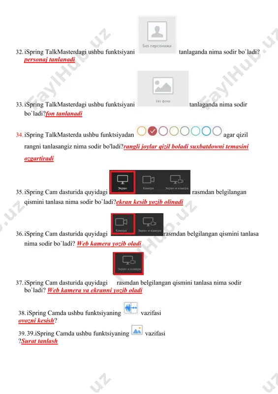 arakatlanadi 73.qaysi bo'limda quyida ko'rsatilgan vositalar mavjud? rangli bloklar paneli 74.ommaviy onlayn ochik kurslar takdim etayotgan internet ta’lim tizimlarini ko‘rsating.? coursera, sololearn, khan academy 75.internet muxitida online ishlaydigan elektron matn muxxaririni ko‘rsating.google.docs 76.kuyidagi belgilarning kaysi biri chop etilmaydi p belgisi 77. kaysi multimediali texnologiya tasvirni xarakatlanganligini ketma ket xosil kiladi. video 78. video bilan tula konli ishlash uchun video ma’lumotlarini kompyuterga mos shaklga kaytaruchi kurilmavideo adaptor 79. windows ot tarkibidagi kaysi dastur videoni kayta ishlash imkonini beradi movi marker 80. 80.xozirgi kunda kompyuterlarda musikalarining kanday formati keng tarkalgan mp3 81.audiovizual vositalaridan foydalanib, kurgazmali shaklda ma’lumot takdim etish shakli multimedia 82.videoilovalar kanday ilovalar rasimlani harakatga keltiruvchi 83. multimedia galereyalari deganda nimani tushunasiz ovoz animatsiyon harakat tasvirlar 84. tasvirlarni vizual va tovushli uzatib berishning dunyodagi eng ilgor usuli3d texnologiya 85.uch ulchamli chizmalar asosida narsa-buyumlar chop etuvchi kurilma. paind 3d printer 86.inson tomonidan xajmdor sifatida idrok etiluvchi tasvirlarin chikara olishga kodir kurilma 3d …