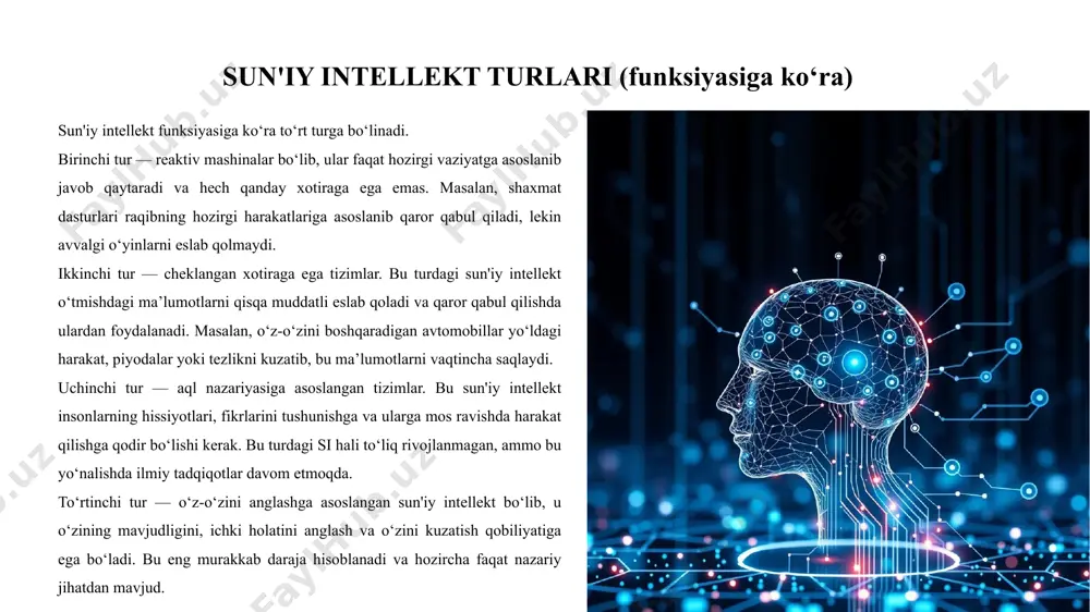 tirilmoqda. test va topshiriqlar sun’iy intellekt yordamida tez va xolisona baholanadi. o‘quvchilarga darhol fikr-mulohazalar taqdim etiladi, bu esa ularga xatolarini tushunib, o‘z ustida ishlash imkonini beradi. interfaol o‘qish jarayonlari ham rivojlanmoqda. chat-botlar va virtual o‘qituvchilar yordamida o‘quvchilar savollariga tezda javob olishlari, mashqlarni interfaol tarzda bajarishlari mumkin. bu o‘quv jarayonini qiziqarli va samarali qiladi. si va o'qituvchilar sun’iy intellekt o‘qituvchilarning ishini yengillashtirishda muhim rol o‘ynamoqda. avvalo, ma’muriy yukni kamaytirish orqali o‘qituvchilarga ko‘proq vaqt tejash imkonini beradi. masalan, testlarni avtomatik baholash, o‘quvchilarning natijalarini tahlil qilish kabi vazifalarni si bajaradi.bu esa o‘qituvchilarga ijodiy faoliyatga e’tibor qaratish imkonini beradi. darslarni yanada qiziqarli, innovatsion usullar bilan o‘tkazish, yangi metodikalarni ishlab chiqish uchun ko‘proq vaqt ajratish mumkin bo‘ladi.shuningdek, sun’iy intellekt maxsus ehtiyojli o‘quvchilar uchun ham keng imkoniyatlar yaratmoqda. ovozli yordamchi tizimlar, matnni ovozga aylantirish yoki aksincha, ko‘zi ojiz yoki eshitishda qiynalayotgan o‘quvchilar uchun ta’limni yanada qulay va inklyuziv qiladi. sun’iy intellekt va plagiat sun’iy intellekt texnologiyalari …