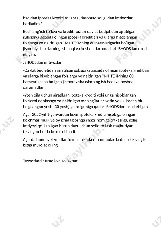 yoki unga hisoblangan foizlarni qoplashga yoʻnaltirilgan mablagʻlar er-xotin yoki ulardan biri belgilangan yosh (30 yosh) ga toʻlguniga qadar jshodsdan ozod etilgan. agar 2023-yil 1-yanvardan keyin ipoteka krediti hisobiga olingan koʻchmas mulk 36 oy ichida boshqa shaxs nomiga oʻtkazilsa, soliq imtiyozi qoʻllanilgan butun davr uchun soliq toʻlash majburiyati tiklangan holda bekor qilinadi. agarda bunday xizmatlar foydalanishda muammolarda duch kelsangiz bizga murojat qiling. tayyorlardi: ismoilov hojiakbar