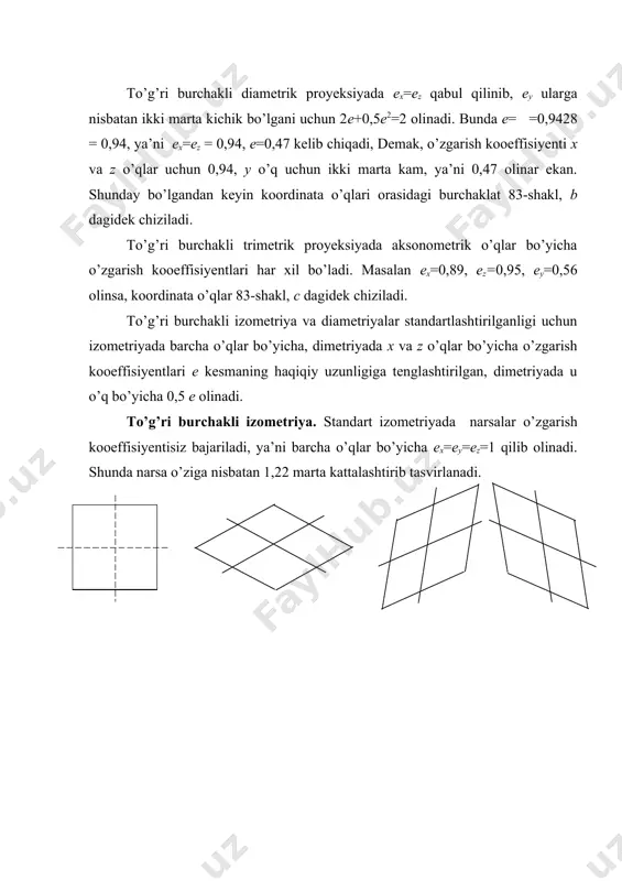 iyadagi kabi barcha o’qlar bo’yicha o’zgarish kooeffisiyentisiz, ya’ni x=y=z=1 qilib chiziladi. qiyshiq burchakli izometriya: frontal izometriya va gorizontal izometriyadan iborat. frontal izometriya. koordinata o’qlari –shakl, a,b,c larga tasvirlangandek uch xil ko’rinishda bo’ladi. bu yerda faqat y o’q 300, 450 va 600 ga o’zgarishi mumkin. aylanalarning frontal izometriyada tasvirlanishi -shakl, a,b,c larga ko’rsatilgan bo’lib, v da uchala chizmalarda aylana o’z kattaligida tasvirlanadi. qolgan tekisliklarda y o’qning o’zgarishi natijasida aylanalarning shakli ham o’zgaradi. y o’q 300 da olinsa (-shakl, a), h dagi ovalning katta o’qi ab=1,37 d, kichik o’qi cd=0,37 d ga teng bo’ladi. w da ab=1,22 d kichik o’q cd=0,71 d bo’ladi. y o’q 450 da olinsa (-shakl, a), h va w da aylanalar bir xil ovallar ko’rinishida bo’lib, ularning katta o’qi ab=1,30 d ga, kichik o’qi cd=0,54 d ga teng bo’ladi. y o’q 600 da olinsa (-shakl, c), h dagi ovalning katta o’qi ab=1,22 d ga, kichik o’qi cd=0,71 d …