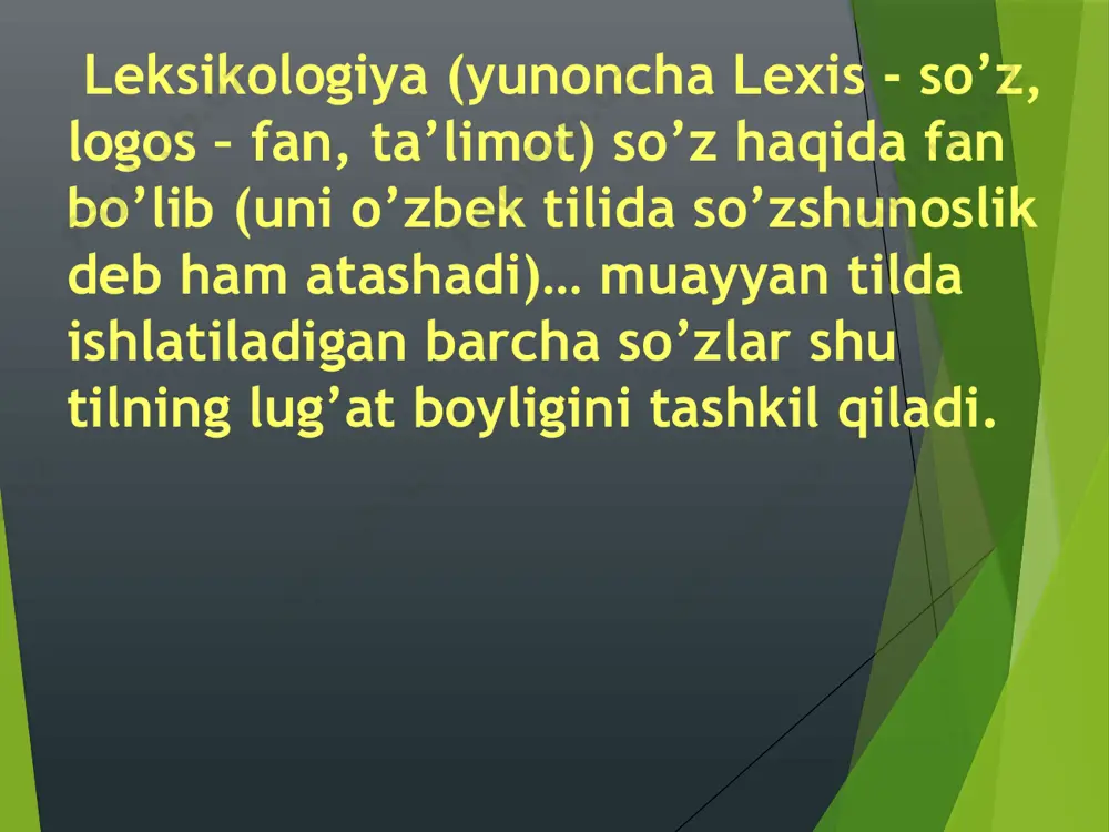 va uning asosiy vazifalari leksikologiya (yunoncha lexikos-lug‘atga oid va logos-ta’limot) tilshunoslikning lug‘aviy birliklar tarkibini tekshiradigan bo‘limidir. leksigologiya har bir so’zni yolg’iz holda emas, balki boshqa so’zlar bilan bog’liq holda o’rganadi. leksigologiya tilshunoslikning leksikografiya, frazeologiya, semasiologiya yoki semantika, etimologiya, stilistika hamda so’z yasalishi haqidagi ta’limot sohalari bilan chambarchas bog’liq. leksikologiyada so’zlarning ma’no jihatdan o’zaro bog’langan, ya’ni monosemiya, polisemiya, sinonimiya, antonimiya, so’z ma’nolarining erkin yoki bog’liq holda bo’lishi kabi masalalari ham o’rganiladi tilning lug‘at tarkibi va uni tashkil etuvchi so‘zlar bir qator umumiyliklarga ega. ular quyidagilarda ko‘zga tashlanadi: har qaday tilning taraqqiyoti jarayonida yuz beradigan o‘zgarishlar avvalo uning leksikasida o‘z aksini topadi har bir so‘z tovush qiyofasi va ma’noga, ya’ni shakl va mazmunga ega. shunga ko‘ra, so‘zlar omonim, paronim, sinonim, antonim munosabatlarni yuzaga keltiradi. so‘zlar nutq uslubiga bo‘lgan munosabatiga ko‘ra ham farqlanadi. tilning lug‘at tarkbidagi so‘zlar iste’mol darajasiga ko‘ra chegaralangan yoki chegaralanmaganligi bilan ham farqlanadi. tildagi so‘zlar muayyan ma’no ifodalash xususiyatiga ega …