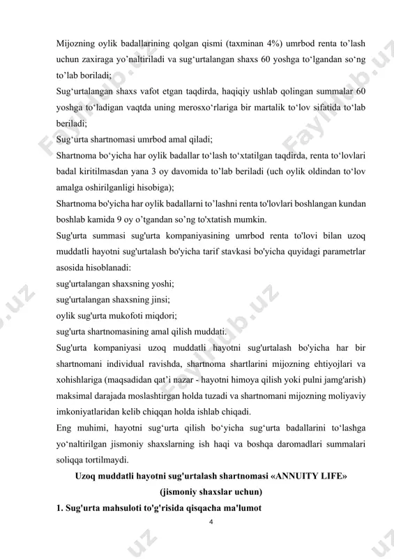 da olingan summalar soliqqa tortilmaydi (o'zbekiston respublikasi soliq kodeksining 369-moddasi 4-bandi). uzoq muddatli hayotni sug'urtalash (annuity life) yillik sug'urta mukofoti umumiy to'lov 60 000 000,00 62 100 000,00 № п/п sug'urta mukofotini to'lash sug'urta kompaniyasidan qo'shimcha daromad xodimlarga joriy annuitet to'lovi oylik jismoniy shaxslardan soliqlarni tejash (pit) umumiy foyda 100% 3,5% 12/1 12% 15,5% 1 60 000 000,00 2 100 000,00 0,00 0,00 - 2 - - 5 000 000,00 600 000,00 - 3 - - 5 000 000,00 600 000,00 - 4 - - 5 000 000,00 600 000,00 - 5 - - 5 000 000,00 600 000,00 - 6 - - 5 000 000,00 600 000,00 - 7 - - 5 000 000,00 600 000,00 - 8 - - 5 000 000,00 600 000,00 - 9 - - 5 000 000,00 600 000,00 - 10 - - 5 000 000,00 600 000,00 - 11 - - 0,00 0,00 …