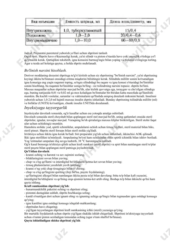arni sindirmaslik uchun, qopqog'ini to'liq ochmasdan, sterilizatordan suvni to'kib tashlang; . - shpritslar sovishini kuting. shprits tanlash inyeksiya shpritslarining sig'imi 1,0, 2,0, 5,0, 10,0, 20,0 ml. bir martali ishlatiladigan shpritslardan foydalaning. shprits turi "record" metall piston bilan birlashtirilgan, "luer" - butunlay shisha. bir martali ishlatiladigan shprits-naychalar dorivor moddalar bilan to'ldirilgan. bo'shliqlarni yuvish uchun 100 va 200 ml hajmli janet shpritslari ishlatiladi. har bir in'ektsiya uchun tegishli shprits va igna (stol) ni tanlash juda muhimdir. jadval. preparatni parenteral yuborish yo'llari uchun shpritsni tanlash oqish testi. shprits havo o'tkazmasligi kerak, ya'ni silindr va piston o'rtasida havo yoki suyuqlik o'tishiga yo'l qo'ymaslik kerak. qattiqlikni tekshirib, igna konusini barmog'ingiz bilan yoping va pistonni o'zingizga torting. agar u tezda asl holatiga qaytsa, u holda shprits muhrlanadi. bo'linish narxini hisoblash. dorivor moddaning dozasini shpritsga to'g'ri kiritish uchun siz shpritsning "bo'linish narxini", ya'ni shpritsning keyingi ikkita bo'linmasi orasidagi eritma miqdorini bilishingiz kerak. silindrda mililitr sonini ko'rsatadigan igna …