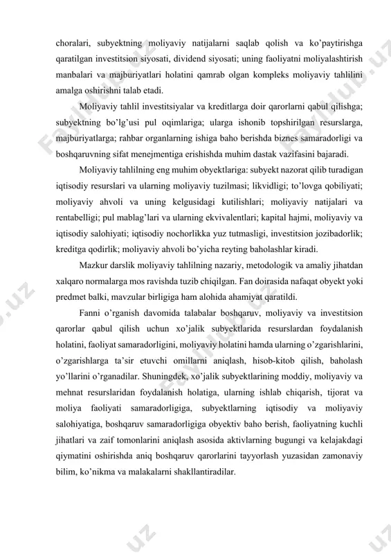 latini hamda ularning o’zgarishlarini, o’zgarishlarga ta’sir etuvchi omillarni aniqlash, hisob-kitob qilish, baholash yo’llarini o’rganadilar. shuningdek, xo’jalik subyektlarining moddiy, moliyaviy va mehnat resurslaridan foydalanish holatiga, ularning ishlab chiqarish‚ tijorat va moliya faoliyati samaradorligiga, subyektlarning iqtisodiy va moliyaviy salohiyatiga, boshqaruv samaradorligiga obyektiv baho berish, faoliyatning kuchli jihatlari va zaif tomonlarini aniqlash asosida aktivlarning bugungi va kelajakdagi qiymatini oshirishda aniq boshqaruv qarorlarini tayyorlash yuzasidan zamonaviy bilim, ko’nikma va malakalarni shakllantiradilar. korxonalar faoliyati reytingining turlari, mohiyati va baholash usullari reyting baholash turlari. korxonalar moliyaviy holatini reyting baholash korxona moliya-xo’jalik faoliyatini kompleks baholashning nazariy va metodologik asoslariga tayanadi. yakuniy reyting baholash natijalari korxona moliya-xo’jalik faoliyatining muhim ko’rsatkichlariga; iqtisodiy va moliyaviy salohiyatiga, faoliyat va mahsulot rentabelligiga, ishlab chiqarish va moliyaviy resurslar samaradorligiga, mablag’larning mavjudligi va ularning manbalariga bog’liq. reyting baholashning quyidagi turlarini tarkiblash mumkin. korxona tarkibiga kiruvchi bo’limlar, filiallar reytingi; tarmoq va soha bo’yicha reyting; hudud bo’yicha korxonalar reytingi; davlat bo’yicha barcha korxonalar reytingi; dunyo bo’yicha …