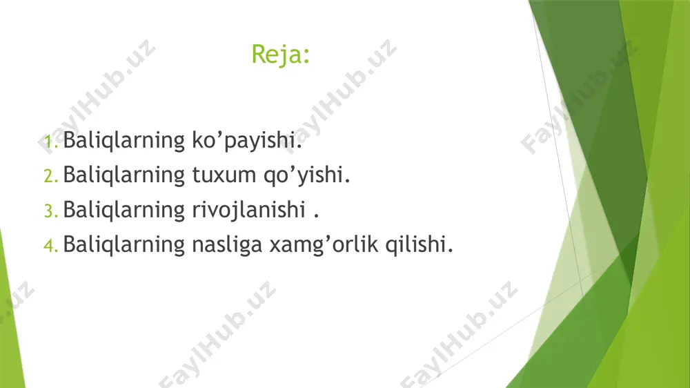 :zog’ara baliqning nasliga xamg’orlik qilish tuxum qo’yish uchun joy tanlashdan boshlanadi.tuxum qo’ygan baliq bu joyni tark etadi.nasli uchun g’amxo’rlik qilmaydigan baliqlar odatda juda ko’p tuxum qo’yadi.masalan okun 300minggacha,treska bir necha mln tuxum qo’yadi.ularning naslining juda oz qismigina voyaga yetadi.chunki tuxumlarining va lichinkalarining ko’p qismi boshqa hayvonlarga yem bo’ladi. ayrim baliqlarning nasli tog’risida g’amxo’rlik qilish instikti kuchli rivojlangan.chuchuk suv tikanbalig’ining erkagi urchish davrida suv o’tlarini so’lak bezlari ajratadigan suyuqlik bilan yopishtirib urg’ochilari uchun qulay uya yasaydi.bu uyaga bir necha urg’ochi baliq tuxum qo’yadi.erkak baliqlar uyaga qo’yilgan tuxumlarni urug’lantiradi va tuxumdan chiqqan baliqchalarni mustaqil oziqlana oladigan bo’lguncha himoya qiladi.dengiz otchasi tuxumlarini qornidagi maxsus xaltachasida olib yuradi.afrika tilyapiya balig’ining erkaklari tashlagan tuxumlarni og’iz bo’shlig’ida olib yuradi.biror xavf tug’ulgidek bo’lsa hatto yosh baliqchalari ham erkak baliqning og’ziga kirib yashirinib oladi. e’tiboringiz uchun rahmat! image1.jpeg image2.jpeg image3.jpeg image4.jpeg image5.jpeg image6.jpeg image7.jpeg image8.jpeg image9.jpeg image10.jpeg image11.jpeg /docprops/thumbnail.jpeg
