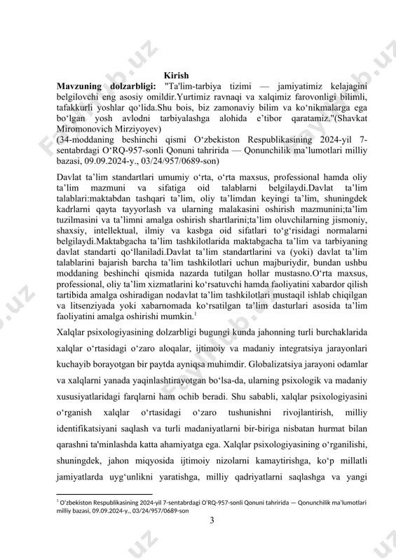 ng ijtimoiylashuvi kabi jihatlarni o‘rgangan. hozirgi kunda xalq psixologiyasi millatlararo munosabatlar, madaniyatlararo muloqot va tolerantlik masalalarida dolzarb ilmiy yo‘nalish bo‘lib qolmoqda. kurs ishining maqsadi: xalqlar psixologiyasini o‘rganish. kurs ishining vazifalari: 1 etnopsixologiya fanining psixolog olimlar tomonidan o'rganilishi. 2 etnopsixologiya fanining ijtimoiy psixologik xsusiyatlari. 3 turli xalqlar xarakter xsusiyatlarining diagnostikasi va tahlili. 4 turli positive xarakter sifatlarining shakllanish omillari. kurs ishining predmeti: xalqlar psixologiyasi, ya'ni turli xalqlarning psixologik xususiyatlari, ularning madaniy va ijtimoiy hayotidagi o‘ziga xosliklari, shuningdek, xalqlar o‘rtasidagi o‘zaro aloqalar va integratsiya jarayonlarini o‘rganishdir. kurs ishining obyekti:……maktab 9-sinf o‘quvchilari kurs ishining metodologik asoslari: xalqlar psixologiyasini o‘rganishda sistemyaviy, kompleks va madaniyatlararo yondashuvlarga asoslanadi. tadqiqotda empirik usullar, jumladan, anketalar, intervyular va kuzatishlar yordamida ma'lumotlar to‘planadi. bu metodologik yondashuvlar xalqlar o‘rtasidagi psixologik xususiyatlar, madaniy farqlar va ijtimoiy munosabatlarni tahlil qilishda qo‘llaniladi. kurs ishining nazariy ahamiyati: xalqlar psixologiyasi bo‘yicha yangi yondashuvlar va nazariy tushunchalar ishlab chiqishga yordam beradi. tadqiqot xalqlar o‘rtasidagi madaniy va psixologik …