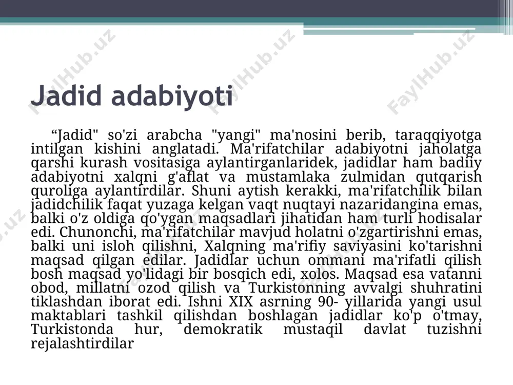 bu borada ko`plab kitob va risolalar yaratgan edi. bu, o`z navbatida, mahmudxo`jaga ta'sir o`tkazmay qolmadi. u keyinchalik bu haqda so`zlab, maqolalaridan birida otasi yozgan "hidoya", "islom huquqiga sharhlar" asarining o`z taqdirida katta rol' o`ynaganini alohida qayd etgan. maxmudxo`ja 6-7 yoshlarga yetganda ziyoli tog`alari- muhammad siddiq va mulla odil yordamida xat savod chiqardi. “oyna” jurnli 1912-1913 yillarda behbudiy samarqandda "samarqand" gazetasi va "oyna" jurnaliga asos soladi. u 1914- yilda yana turkiya, misrga borib, u yerdan muhim kitoblar, o`quv qo`llanmalarini olib keladi, yangi usuldagi maktab dasturi ustida ishlashga kirishadi. 1918 yilda boshlanhich sinf o`quvchilari uchun "yangi hisob" darsligini yozib, o`z nashriyotida chop ettiradi. foydalanilgan adabiyotlat milliy uygo’nish va o’zbek filologoyasi masalalari .-t.: universitet, 1993. yusupov sh. furqat yo’llarida –t.:adabiyot va san’at, 1984. qosimov b., dolimov u, ma’rifat darg’alari. t.: o’qituvchi, 1990. qosimov . milliy uyg’onish –t.:ma’naviyat, 2002. milliy uyg’onish davri o’zbek adabiyoti. –t.:ma’naviyat, 2004.