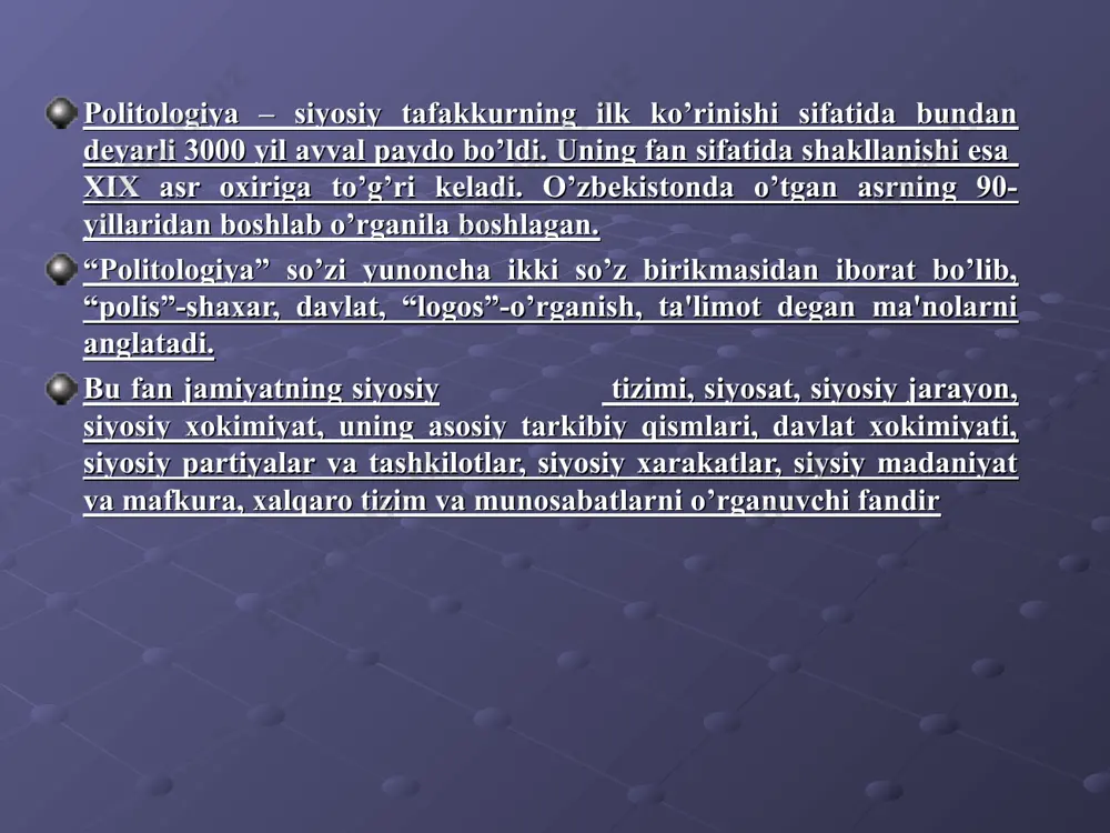 iyalarning asosiy vazifalari - hokimiyat yangilanishning istiqbol yo’llarini ishlab chiqish; siyochiy еtakchilarni tarbiyalash; fuqarolar siyosiy ongini shakllantirish, tarbiyalash; hokimiyat yangilanishning istiqbol yo’llarini ishlab chiqish; siyochiy еtakchilarni tarbiyalash; fuqarolar siyosiy ongini shakllantirish, tarbiyalash; hokimiyat uchun kurash; saylov kompaniyalarida ishtirok etish; - davlat oldidagi vazifalarni amalga oshirishda yordam bеrish; -xalq bilan uzviy aloqa o’rnatish. 5 mavzuga doir sxеmalar 1-sxеma siyosiy еtakchi turlari konsеrvator – mavjud holatni saqlovchi, an'anaga amal qiluvchilar rеformator – isloxotlar bilan jamiyatni tubdan yangilovchilar inqilobchi – qurol kuchi, davlat to’ntarilishi bilan boshqa tuzimga o’tuvchi еtakchilar 2-sхема 1. jamiyatni jipslashtirish 2.eng maqbul qarorlar ishlab chiqarish siyosiy еtakchilar funksiyalari 3. fuqarolar huquqini muhofaza qilish 4. muloqot qilish 5.tashabbuskorlik, safarbarlik qilish 3-схема o’zbеkistonda milliy siyosatning ustuvor yo’nalishlari 1. millatlarning tеng huquqliligi; 2. o’z taqdirini o’zi bеlgilash huquqini tan olishi; 3. milliy til, madaniyatni erkin rivojlantiri uchun imkoniyat yaratishi 4. millatlararo do’stlik, ishonch, ixtiloflarni siyosiy yo’l bilan hal etish 5.millatchilik, shovinizmga qarshi shavqatsiz …