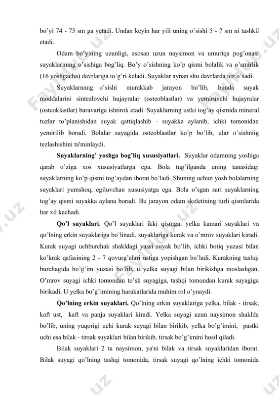 uyagi ichki tomondan to’sh suyagiga, tashqi tomondan kurak suyagiga birikadi. u yеlka bo’g’imining harakatlarida muhim rol o’ynaydi. qo’lning erkin suyaklari. qo’lning erkin suyaklariga yеlka, bilak - tirsak, kaft ust, kaft va panja suyaklari kiradi. yelka suyagi uzun naysimon shaklda bo’lib, uning yuqorigi uchi kurak suyagi bilan birikib, yelka bo’g’imini, pastki uchi esa bilak - tirsak suyaklari bilan birikib, tirsak bo’g’imini hosil qiladi. bilak suyaklari 2 ta naysimon, ya'ni bilak va tirsak suyaklaridan iborat. bilak suyagi qo’lning tashqi tomonida, tirsak suyagi qo’lning ichki tomonida joylashgan. bu suyaklarning yuqorigi uchi yеlka suyagi bilan birikib, tirsak bo’g’imini hosil qiladi, pastki uchi esa bilakuzuk (kaft ust) suyaklari bilan birikadi. panja suyaklarya uch qismdan: 4 tadan ikki qator bo’lib joylashgan 8 ta bilakuzuk yoki kaft usti suyaklari, 5 ta kaft va 14 ta barmoq suyaklaridan iborat. barmoq suyaklari bosh barmoqda 2 tadan, qolganlarida 3 tadan bo’ladi. muskul to’qimasining turlari. muskul to’qimasi uch turga, ya'ni ichki …