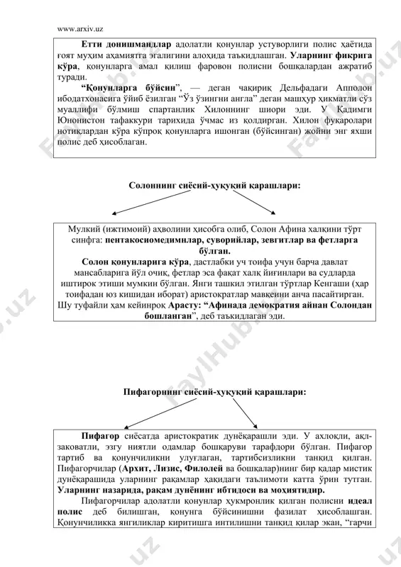 ан кейин, ота - онани ва қонунларни ҳурмат қилиш керак, уларга ички ишонч билан бўйсуниш керак. қонунга итоаткорлик энг яхши фазилат, қонунларнинг ўзи эса - катта бойликдир. гераклитнинг сиёсий-ҳуқуқий қарашлари: гераклит ҳам аристократияга хос қарашларни ривожлантирган. у “оломон бошқарадиган ва сафида яхшиларга ўрин бўлмаган” демократияни танқид қилар экан, ҳокимиятни ақлий ва ахлоқий жиҳатдан “яхшилар” (аслзодалар) бошқариши кераклигини таъкидлаган. унинг фикрича, яратилган қонунни халқ йиғини қўллаб-қувватлаши шарт эмас, муҳими — қонун умумий мантиққа мос бўлса бас. гераклитниг фикрича, полисдаги ҳаёт умумий “логос”га, яъни ҳаммани бошқарадиган тафаккурга бўйсуниши керак, чунки “барча инсоний қонунлар ягона илоҳий қонундан озиқланади ва бу илоҳий қонун исталган жойда ўз таъсирини ўтказади, полис ҳаётида барчадан ва ҳар қандай нарсалардан устун туради”. гераклит позитив қонунларнинг оқилона табиатини назарда тутган холда, “халқ қонун учун, унинг барчага бирдек амал қилиши учун курашиши лозим” деб таъкидлайди. демокритнинг сиёсий-ҳуқуқий қарашлари: демокрит биринчилар қаторида одамнинг пайдо бўлиши ва жамият шаклланишини дунё тараққиётининг табиий бир …
