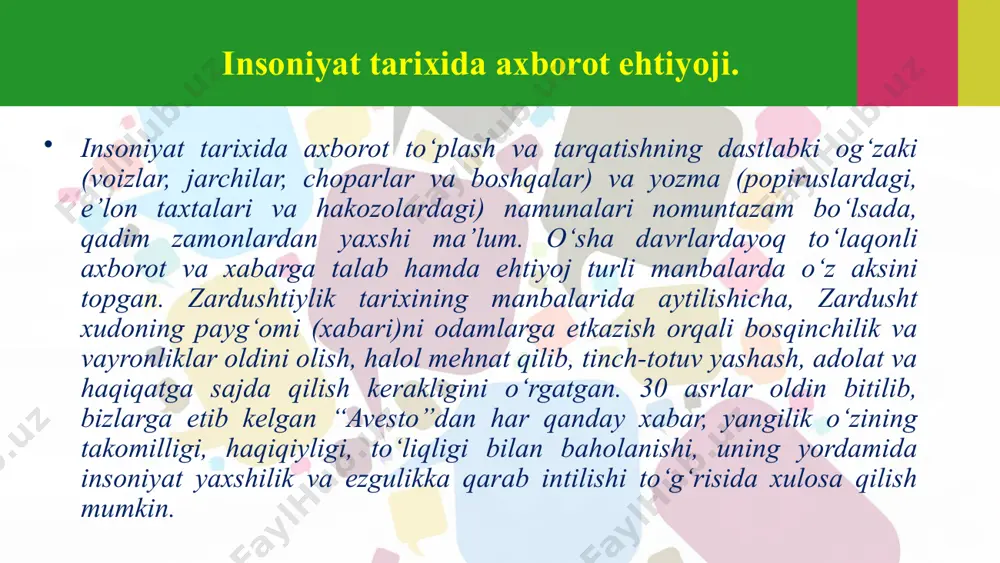 uditoriyasining ko‘pchiligi yoshlar ekanligini, ularning ongini va dunyoqarashini yot mazmundagi g‘oyalar bilan zaharlashga qaratilgan ma’lumotlar internet kontentning katta qismini tashkil etishini qayd etish zarur. turli ijtimoiy tarmoqlar, forumlar, tanishuv saytlarining faoliyat yuritishi yoshlarni o‘ziga tezda jalb qilmoqda. hozirgi kunda turli tillarda so‘zlashayotgan yoshlar uchun internet tarmog‘i keng imkoniyatlar yaratmoqda. ayniqsa, mobil internetdan foydalanuvchilar auditoriyasining ortib borishi turli mazmundagi aхborotlarni ochiq olish imkoniyatini yanada oshirmoqda. хullas, yuqorida zikr etilgan chora-tadbirlarning amalga oshirilishi ommaviy aхborot vositalarining fuqarolikjamiyati institutlari tizimidagi o‘rni va rolini yanada mustahkamlashga, fuqarolarning so‘z erkinligini ta’minlashga qaratilgan konstitutsiyaviy huquqlarini yanada to‘liq ro‘yobga chiqarishga yordam beradi. bu esa, o‘z navbatida, mamlakatimizda oav larning barpo etilayotgan fuqarolik jamiyati tamoyillarini qaror toptirishning muhim omillaridan biriga aylantiradi. image2.jpg image3.jpg image4.jpg image5.jpg image1.jpg