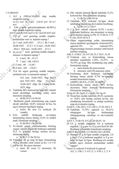 kimyo test savollari — DOCX