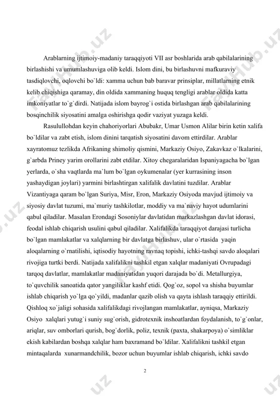hilik sanoatida qator yangiliklar kashf etidi. qog`oz, sopol va shisha buyumlar ishlab chiqarish yo`lga qo`yildi, madanlar qazib olish va qayta ishlash taraqqiy ettirildi. qishloq xo`jaligi sohasida xalifalikdagi rivojlangan mamlakatlar, ayniqsa, markaziy osiyo xalqlari yutug`i suniy sug`orish, gidrotexnik inshoatlardan foydalanish, to`g`onlar, ariqlar, suv omborlari qurish, bog`dorlik, poliz, texnik (paxta, shakarpoya) o`simliklar ekish kabilardan boshqa xalqlar ham baxramand bo`ldilar. xalifalikni tashkil etgan mintaqalarda xunarmandchilik, bozor uchun buyumlar ishlab chiqarish, ichki savdo aloqalari, tovar almashtirishlar keng yo`lga qo`yildi. bu davrda quruqlik orqali amalga oshirilgan qit`alararo savdo yo`li (buyuk ipak yo`li) bilan qanoatlanmay, dengiz, okean yo`llari ham ochildi, daryo, suv yo`llaridan xam keng foydalanildi. savdo va xunarmandchilik, jamiyat hayotidagi o`zgarishlar turli muammolarni keltirib chiqardi. ularning yechimini topish ilm-fanning rivojiga extiyoj to`g`dirdi. jumladan, matematika, astranomiya, tabiat fanlari, kemasozlik va katta inshoatlar qurish kabilar uchun o`ta zarur edi. aholining ko`payishi, shaharlar sonining oshishi va umumiy taraqqiyot darajasi tabobat fani rivojini taqozo qildi. sanoat, xunarmandchilik taraqqiyoti madanchilikni …
