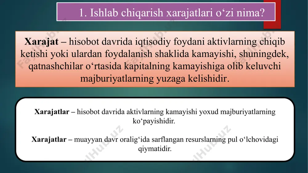 ari – bu tashkilot yoki korxonaning xodimlarga ish haqi, mukofotlar, qo‘shimcha to‘lovlar va boshqa mehnatga haq to‘lash shakllarida to‘laydigan xarajatlari hisoblanadi. bu xarajatlar ishlab chiqarish va xizmat ko‘rsatishning umumiy tannarxida muhim o‘rin egallaydi. ijtimoiy sug‘urta ajratmalari – bu korxonalar va tashkilotlarning o‘z xodimlari uchun ijtimoiy himoya ta'minotini moliyalashtirish maqsadida davlat ijtimoiy sug‘urta fondlariga to‘laydigan majburiy to‘lovlardir. ushbu ajratmalar xodimlarning kasallik, mehnatga layoqatsizlik, homiladorlik va tug‘ish, pensiya va boshqa ijtimoiy ehtiyojlar uchun moliyaviy zaxira yaratadi. foiz to‘lovlari – bu korxona yoki tashkilot tomonidan jalb qilingan moliyaviy resurslar (masalan, kreditlar, obligatsiyalar, qarz mablag‘lari) uchun to‘lanadigan pul mablag‘lari. foiz to‘lovlari qarz mablag‘lari qiymatiga qo‘shimcha sifatida hisoblanadi va u korxonaning moliyaviy majburiyatlarini aks ettiradi. ishlab chiqarish xarajatlari dinamikasi tahlili - odatda, korxona faoliyatining samaradorligini va uning iqtisodiy holatini aniqlashda muhim o‘rin tutadi. bu jarayon ishlab chiqarish jarayonlarining samaradorligini oshirish va foydani maksimal darajaga etkazish uchun zarur. masalan, ishlab chiqarish hajmi ortgan sari xarajatlarning qanday …