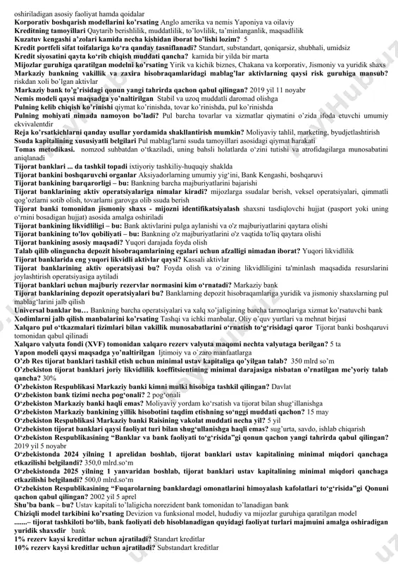 iyasini o’zgarishi bank xodimlari ma’muriy jihatdan qanday guruhga ajraladi boshqaruvchi va boshqariluvchi xodimla bank xodimiga qo’yilgan asosiy talab bank sirini saqlash boshqaruv qarorlari talablarini ko’rsating ilmiy asoslanganlik, huquqiy, aniq va to’g’ri yo’nalishda bo’lishlilik, vaqt bo’yicha eng qisqa, aniq, tezkor va samarali bo’lishlilik bank xizmatlarining o’ziga xos xususiyatlari mavxumlilik, vaqt bo’yicha davomiyligi, xizmat sifatining nobarqarorliligi, xizmat ko’rsatishning shartnomaviyligi, xizmat ko’rsatishning pul bilan bog’liqliligi, xizmatlar bilan qondiriladigan ehtiyojlarning ikkilamchililigi bank xizmati bu......... bank operatsiyasini o’tkazishni optimallashtiruvchi nazariy, texnologik, moliyaviy va professional bank faoliyati, mijozlarni bank moliyaviy xizmalarga bo’lgan talablarini qondiruvchi bank xizmatlari bank mahsuloti o’zaro bog’liq bank xizmatlari va operatsiyalari majmui bank strategiyasi bu... bankni uzoq faoliyat ko’rsatishi uchun ishlab chiqilgan chora tadbirlar majmuyi bank xizmatlari rivojlanishiga ko‘ra quyidagi turlarga bo‘linadi: an’anaviy, noan’anaviy bank faoliyatini kim nazorat qiladi? boshqaruv raisi bank likvidligini boshqarish siyosatini kim ishlab chiqishi kerak? bank boshqaruvi banklarining 3 yildan ortiq muddatga jalb qilingan milliy valyutadagi depozitlariga nisbatan majburiy …