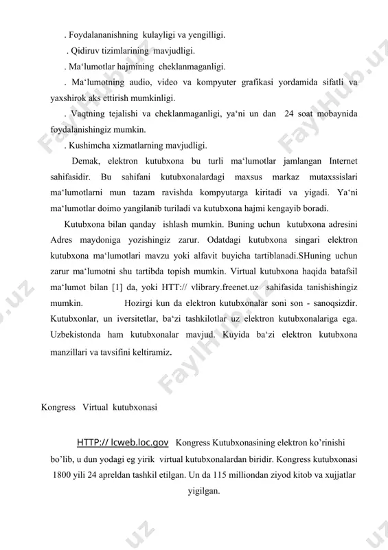 : kishlok xujaligi, iktisod va biznes, kompyuter texnogiyalari, alokalar, informatsiya va jurnalistika, o’qish, konun lar, ilm fan va xokazolar. kutubxonaning kuyidagi bulinmalari ham mavjud: pansilvaniya davlat un iversiteti (usa), buyuk britaniya (uk), shveytsariya (switzerland) va argentina. kutubxonada alfavit buyicha, so’z va jumlalar buyicha kidirish sistemasi ishlaydi. http:// gpo.gov us goverment printing office markazi millionlab ma‘lumotlarni uzida mujassamlagan (4.20 rasm). un da siz aksh dagi turli-tuman xujjatlar, kitoblar, yangiliklar bilan tanishishingiz mumkin. har oyda bu kutubxona 28.000.00 ta xujjat bilan tuldirib boriladi. bu vazifani maxsus elektron ma‘lumotlar buliniasi bajaradi. bun da maxsus elektron kataloglar ham ishlab chikariladi. konsultatsiyalar va buyurtmalar telefon va elektron pochta orkali bajariladi. kun iga bir necha minglab foydalanuvchilar bu xizmatdan foydalanadi. bu kutubxonadan davlat va shaxsiy korxonalar keng foydalanadi. kutubxonada bolalar uchun maxsus bulinma bor. bu bulinmada bolalar uziga zarur va kizikarli ma‘lumotlarni olishi mumkin. bu: tarixga oid, o’qishga oid zarur tuplam va ma‘lumotlardir. bu bulinma nomi …