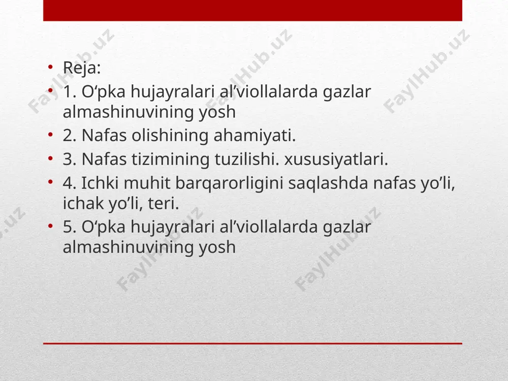b borishi hisobiga bo‘ladi. bu nafasi va gaz almashinuviga ta’sir qiladi. o‘pka maxsus parda yoki plevra bilan qoplangan bo‘ladi. nafas bosimi azolari. halqum. asosan bir nechta bo`laklarga bo`lib o`rganiladi. og`iz bo`shlig`idagi to`siqlardan o`tgan havo bo`shliqlar orqali halqumga o`tadi. halqum tubi tafovut etiladi. plastinkalarning orqa chekasini uzun o`simtalar shoxsimon va pastki o`rta shoxsimon o`simtalar joylashgan. hiqildoq ayrisi traxeyalar orqali bronxlarga bo`linadi. hiqildoq 5 - ko`krak umurtqasi ro`parasida joylashgan. hiqildoq eng muhum organ hisoblanadi. hiqildoq segmentlari tojsimon hiqildoq muskullaridan iborat. hiqildoq ichki tomondan qismlarga bo`lingan. ularning mushaklari ikkita ko`ndalang v abo`ylama muskullardan tashkil topgan. o‘pkalar o‘pka - pulmones, yunoncha pneumon – pnevmoniya so‘zi shundan olingan. o‘pka bir juft bo‘lib, ko‘krak qafasining (cavitas thoracis) ikki tomonida joylashgan. o‘ng va chap o‘pka o‘rtasidagi katakda yurak, qon tomirlar va ko‘ks oralig‘ida joylashgan. har bir o‘pka (pulmo) konus shaklida bo‘lib, asosi (basis pulmonis) past tomondan diafragmaga tegib turadi va diafragma yuzasi (facies diaphragmatica) deyiladi. o‘pkaning uchi …