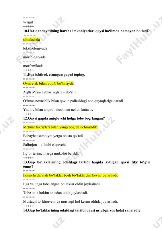ishik qo‘shimchalari, egalik qo‘shimchalari bog‘lovchilar, ko‘makchilar zamon qo‘shimchalari, shaxs-son qo‘shimchalari 21.o‘zbek tilida nechta so‘z turkumi bor? 12 11 10 6 22.so‘z turkumlari qaysi bo‘limda o‘rganiladi? morfologiya leksikologiya sintaksis etimologiya 23.“morfologiya” termini qaysi tildan olingan? yunoncha lotincha italyancha ispancha 24.morfologiya so‘zi qanday ma’noni anglatadi? so‘z shakli haqidagi ta’limot ma’no haqidagi ta`limot qo‘shimcha haqidagi ta’limot asos haqidagi ma`lumot 25.o‘zbek tilida nechta mustaqil so‘z turkumi mavjud ? 6 4 5 9 26.yordamchi so‘zlar qaysilar? ham, va, bilan bilan, va, koshki koshki, yoki, albatta yo, ko‘ra, shekilli 27.yordamchi so‘zlar noto‘g`ri berilgan javobni belgilang ? modal bog‘lovchi ko‘makchi yuklama 28.alohida olingan so‘z turkumlari nechta? 3 2 4 5 29.otga xos bo‘lmagan kategoriyani belgilang? shaxs-son egalik kelishik ko‘plik 30.ot gapda qaysi bo‘lak vazifasida keladi? barchasi ega, hol, kesim ega, aniqlovchi, to‘ldiruvchi ega, kesim, to‘ldiruvchi 31.temir-tersak, idish-tovoq kabi otlar tuzilishiga ko‘ra qanday ot? juft ot takroriy ot qo‘shma ot yasama ot 32.turdosh otlar o‘z ichida necha guruhga …