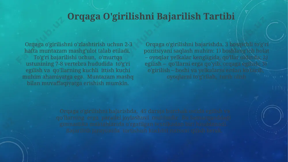 to’g’ri pozitsiyani (180 daraja bukilgan tizzalar bilan) saqlash muhim, aks holda, 3-sonli umurtqa jarohatlari xavfi samarqandda ham yuqori. orqaga o’girilishni (oldinga o’girilishni) bajarishda, boshning harakatini 2-3 soniya davomida nazorat qilish, toshkentdagi sport shifokorlarining ta’kidlashicha, bo’yin mushaklarining kuchini oshiradi va jarohatlarni kamaytiradi. e'tiboringiz uchun rahmat @taqdimot_robot image3.png