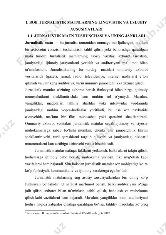 ri o‘quvchiga ma’lumotni qanday ta’sirchan va tushunarli tarzda etkazish uchun muhimdir. masalan, metaforalar, taqqoslashlar, ironiya, yaqqol obrazlar va boshqa stilistik vositalar jurnalistik matnlarning estetik va emotsional ta’sirini oshiradi. jurnalistik janrlar turli kommunikativ maqsadlarga xizmat qiladi va ular har xil vositalar, uslublar va auditoriyaga ta’sir ko‘rsatish shakllariga qarab tasniflanadi. jurnalistik janrlarning xilma-xilligi, o‘z navbatida, bu janrlarning har birining o‘ziga xos xususiyatlarini yaratadi. har bir janr o‘zining kommunikativ maqsadiga, strukturasiga va uslubiga ega bo‘lib, axborotni samarali tarzda etkazishni maqsad qiladi. 1. axborot janrlari axborot janrlarining asosiy vazifasi – voqea-hodisalardan tezkor va aniq tarzda xabardor qilishdir. bu janrlarda faqat faktlar asosida ma’lumot taqdim etiladi. yangilik (xabar) – bu matn turi eng qisqa va aniq bo‘lib, voqeani tezda yetkazishga mo‘ljallangan. yangilikda voqea faqat faktlar asosida yoritiladi, unda mutlaqo shaxsiy fikr yoki izohlar bo‘lmasligi kerak. yangilikda voqealar o‘z vaqtida, aniq va to‘liq yoritilishi zarur. misol: "toshkentda bugun yangi ko‘prik ochildi." axborot byulleteni – yangiliklar ketma-ketligi …