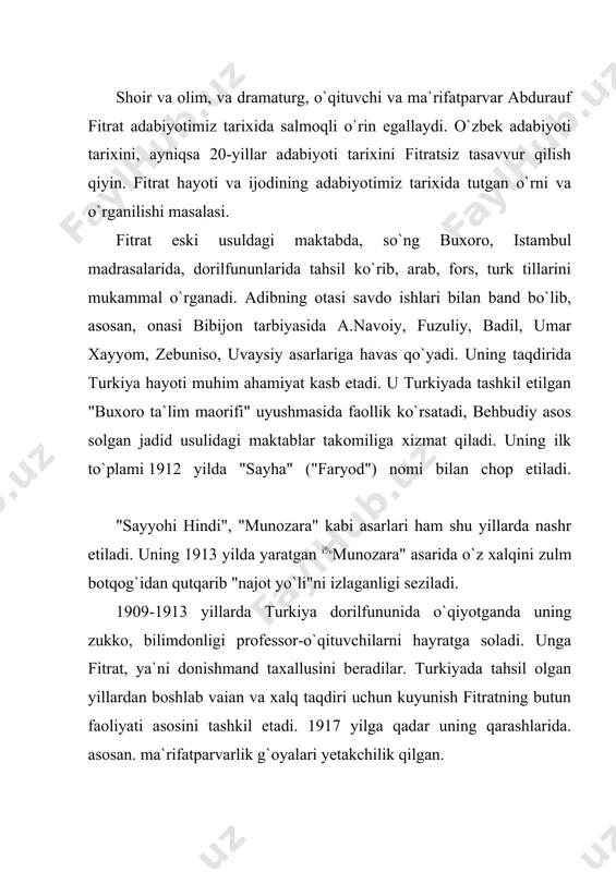 miy tadqiqot institutida. samarqand pedakademiyasida. buxoro va toshkentdagi o`qituvchilar institutlarida. fan komiteti qoshidagi til va adabiyot institutida ishlagan. fitrat yirik olim, adabiyotshunos sifatida ham bir qancha asarlar yaratadi. jumladan, "adabiyot qonunlari", "eski o`zbek adabiyoti namunalari", "aruz haqida" kabi ilmiy kuzatishlari adabiyotshunoslik fani tarixida muhim roy o`ynaydi. shuningdek, uning umar xayyom, firdavsiy, navoiy, bedil. ahmad yassaviy, mashrab. turdi, muqimiy, furqat haqidagi tadqiqotlari ham adabiyotimiz tarixini o`rganishda muhim manba bo`lib xizmat etishi shubhasizdir. fitrat oktabr to`ntarishini xursandchilik bilan kutib oladi. biroq fevral inqilobi va oktabr to`ntarishi natijasida tug`ilgan umid uchqunlari o`zini oqlamadi. ammo, baribir vatanni -turkistonni milliy mustaqil ko`rmoq, xalqimiz jahondagi taraqqiy etgan xalqlar qatorida bo`lishini xoxlamoq uning asosiy orzu armonlari edi. shuning uchun ham u bugun faoliyatini shu niyatlar bilan bog`ladi. yolqinli asarlari bilan xalq ko`zini ochish, o`zligani anglashni oliy burch deb bildi. buesa mustabid tuzumga yoqmadi, unga uzoq markazning tazyiqi tufayli erlik amalparast rahbarlar tomonidan turli buxtonlar uyushtirildi. natijada 1938 …