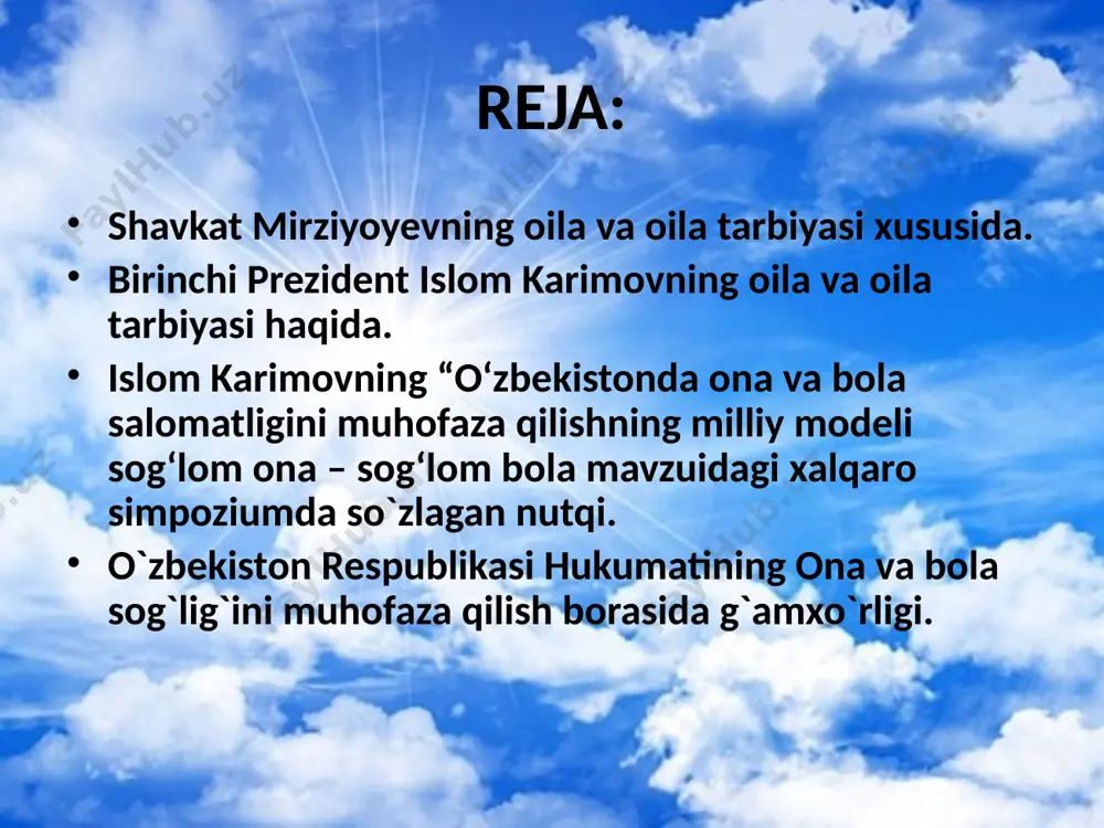 shaxs sifatida shakllanishida oilaning roli nihoyatda kattadir. oilada bolaning aqliy faoliyati kamol topadi, dunyoqarashi, tafakkuri shakllanadi, kishilarga nisbatan mehr – oqibat hissi tarbiyalanadi. bolaning bilimi, qobiliyati va malakalarining shakllanishi aynan oila va oilaviy tarbiyaga bog’liqdir.” birinchi prezident islom karimovning fikrlari muxtaram birinchi prezidentimiz i.karimov vatan sajdagoh kabi muqaddasdir nomli asarida shunday deydi: ,,odamzod dunyoda juda ko’p kasbu hunarning egasi bo’lishi mumkin. quruvchi, dehqon, bog’bon, shoir, olim bo’lib nom qozonish, mol – mulk orttirish mumkin. lekin, alloh taolo insonga ato etgan eng katta boylik, eng ulug’ burch borki, uni dunyodagi hech bir narsa bilan qiyoslab bo’lmaydi. bu farzand ko’rib, ota bo’lish, ona bo’lish baxtidir. bu faqatgina baxtu saodat emas, balki yaratganning oldida, elu yurt oldida juda katta mas’uliyat ham demakdir. har bir oqil insonning va jamiyatimizning muqaddas vazifasi, aytish mumkinki, hayotining ma’nosi qobil farzandlar o’stirish, ularni ham jismoniy, ham ma’naviy jihatdan mukammal qilib tarbiyalash, kamolini ko’rish, ota – onasiga, vataniga sadoqatli …