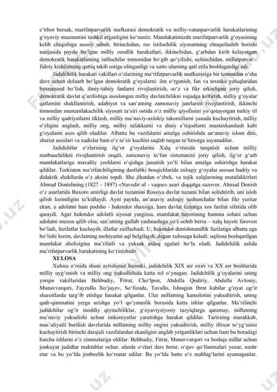 monidan anglanishi kerak. darhaqiqat, jadidchilarimiz olib borgan barcha ishlar, matbuotning yo‘lga qo‘yilishi, “usuli jadid” maktabi nazariyasi va amaliyoti, teatrchilik, hammahammasi shunga xizmat qildirildi. shu tariqa har bir g‘oyaning milliy g‘oyaga aylanishi, jadidchilarimiz fikricha ikki shartni taqozo etadi. 1. g‘oya millatning tub, asl ehtiyojlaridan,turishturmushidan, asosiy an’analaridan, o‘zligidan va tabiiyki, imkoniyatidan kelib chiqmog‘i lozim. 2.mazkur g‘oya millat tomonidan anglanishi, his qilinishi, boshqacha aytganda, ongiga joylashib, yuragidagi o‘tga aylanmog‘i, so‘ngsiz ishtiyoq hosil qilmog‘i kerak. turkistonda jadidchilik harakatining faol tashkilotchi – ishtirokchilari haqida to‘xtaladigan bo‘lsak, bular: mahmudxo‘ja behbudiy, abduqodir shukuriy, saidahmad siddiqiy – ajziy (samarqand), munavvarqori abdurashidxonov, abdulla avloniy, ubaydullaxo‘ja asadullaxo‘jaev, toshpo‘latbek norbo‘tabekov (toshkent), abdurauf fitrat, fayzulla xo‘jaev, usmonxo‘ja po‘latxo‘jaev, abdulvohid burxonov, sadriddin ayniy, abudulqodir muxiddinov (buxoro), obidjon mahmudov, hamza hakimzoda niyoziy, abdulhamid cho‘lpon, ishoqxon ibrat, muhammadsharif so‘fizoda (farg‘ona vodiysi), polvonniyoz hoji yusupov, bobooxun salimov (xorazm)lar nomini birinchilar safida keltirishimiz mumkin. jadidchilikning asosiy g‘oya va maqsadlari turkistonni o‘rta asrchilik, feodal qoloqlik, xurofotlardan ozod qilish, …