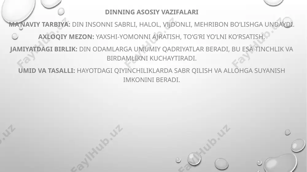 birini to‘ldirishi mumkin. din insonni axloqiy, ma’naviy jihatdan tarbiyalasa, hur fikrlilik uni mustaqil o‘ylashga, ilmga intilishga undaydi. har ikkisi ham inson erkinligini, adolatni va jamiyat tinchligini qadrlaydi. shuning uchun, zamonaviy taraqqiyot yo‘lida din va hur fikrlilik uyg‘unligiga erishish muhimdir. foydalanilgan adabiyotlar: qur’oni karim – islom dinining asosiy manbai. imom al-buxoriy – "sahih al-buxoriy" – payg‘ambar hadislarining to‘plami. shayx muhammad sodiq muhammad yusuf – "islom aqidasi", "tafsiri hilol", "hadis va hayot" kitoblari. image3.png image4.png image1.png