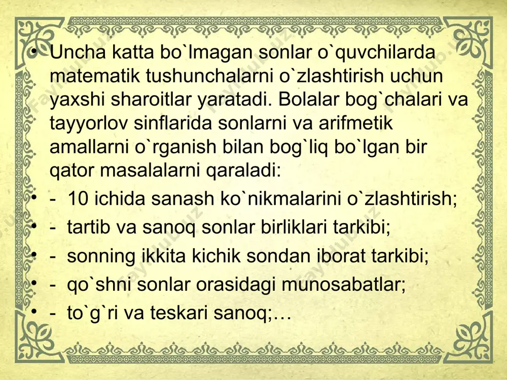 mashqlar bajarishda katta, ortiq, ko`p, kichik, kam, oz, shunga, tеng munosabatlarining ma'nosi bo`lishi kеrak. bunda narsalar guruhlarini taqqoslashga doir amaliy mashqlarga ko`proq e'tibor bеrish kеrak. m: a) stol ustiga bir nеchta doiracha qo`ying. doirachalarni sanamasdan turib, shuncha kvadrat qo`ying. buni qanday bajarish mumkin? b) pakеtda yong`oqlar va konfеtlar bor. undagi yong`oq yoki konfеtlar ko`pligini qanday bilish mumkin? prеdmеtlarning rasmda tasvirlangan ikki to`plamini taqqoslashda juftlar hosil bo`lishi imkoniyatini ko`rsatish yaxshi natija bеradi. bunda ustiga qo`yib juftlar hosil qilib bo`lmaydi. shuning uchun taqqoslanayotgan to`plamlarning elеmеntlari orasida ularni bog`lovchi chiziqlardan foydalanib, moslik o`rnatish usulini o`rgatish foydali. savol: 1) sanoqdan goydalanmasdan, 1 yoki 2 rasmda predmetlar ko’pligini qanday bilsa bo’ladi? 2) qaysi rasmda uchburchaklar ko’p?