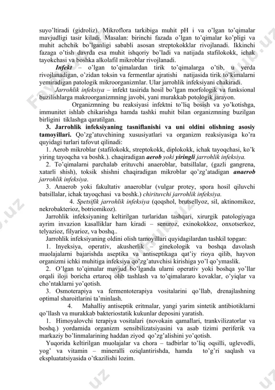 javobi, yani murakkab potologik jarayon. organizmning bu reaksiyasi infektni to’liq bosish va yo’kotishga, immunitet ishlab chikarishga hamda tashki muhit bilan organizmning buzilgan birligini tiklashga qaratilgan. 3. jarrohlik infeksiyaning tasniflanishi va uni oldini olishning asosiy tamoyillari. qo’zg’atuvchining xususiyatlari va organizm reaksiyasiga ko’ra quyidagi turlari tafovut qilinadi: 1. aerob mikroblar (stafilokokk, streptokokk, diplokokk, ichak tayoqchasi, ko’k yiring tayoqcha va boshk.). chaqiradigan aerob yoki yiringli jarrohlik infeksiya. 2. to’qimalarni parchalab erituvchi anaeroblar, batsillalar, (gazli gangrena, xatarli shish), toksik shishni chaqiradigan mikroblar qo’zg’atadigan anaerob jarrohlik infeksiya. 3. anaerob yoki fakultativ anaeroblar (vulgar protey, spora hosil qiluvchi batsillalar, ichak tayoqchasi va boshk.) chirituvchi jarrohlik infeksiya. 4. spetsifik jarrohlik infeksiya (qoqshol, brutsellyoz, sil, aktinomikoz, nekrobakterioz, botriomikoz). jarrohlik infeksiyaning keltirilgan turlaridan tashqari, xirurgik patologiyaga ayrim invazion kasalliklar ham kiradi – senuroz, exinokokkoz, onxotserkoz, telyazioz, filyarioz, va boshq.. jarrohlik infeksiyaning oldini olish tamoyillari quyidagilardan tashkil topgan: 1. inyeksiya, operativ, akusherlik – ginekologik va boshqa davolash muolajalarni bajarishda aseptika …