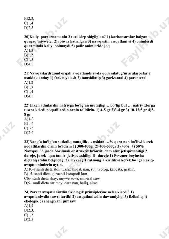 c)1-3 d)2-4 29)ulken adamlardin kaltsiyg’a bo’lg’an mutajligi …., balalardin mutajligi.....esap-lanadi noqatlilardin ornin to’ldirin 1) 800mg 2)1000mg 3) 700mg 4) 1200gr a)1,2 b)1,3 c)1,4 d)2,4 30)ulken adamlardin vitamin a bo’lg’an mutajligi …., balalardin mutajligi.....esap-lanadi noqatlilardin ornin to’ldirin 1) 1,5mg 2)0,5 -1,5 mg 3) 700mg 4) 12 mg a)1,3 b)1,2 c)1,4 d)2,4 31)nawqas adamlardin tag’amlaniwi neshe mezgilge bo’liniw kerek ? 1) 4mezgil 2) 3 mezgil 3) 5 mezgil 4) 6 mezgil a)3,4 b)2,3 c)1,2 d)1,4 32)qara smorodina quramindag’i vitaminlerdi ko’rsetin 1) tiamin 2) niatsin 3) vitamin c 4) karotin 5) vitamin d a)1,2,3 b)1,2,4 c)1,3,5 d)2,3,4 33)shipovnik qaynatpasi …. qaynatilib, ….o’rap qoyiladi noqatlilardin ornin to’ldirin 1) 10 minut 2) 2-3 saat 3) 15 minut 4) 30 minut 5) 1saat a)1,2 b)2,3 c)4,5 d)3,5 34)shaydin quramindag’i vitaminlerdi ko’rsetin? 1) vitamin c 2) vitamin p 3) vitamin a 4 ) vitamin d 5) vitamin e a)1.3 b) 1,2 c)1,4 d)2,5 35)sumalekdin quramin ko’rsetin 1) …