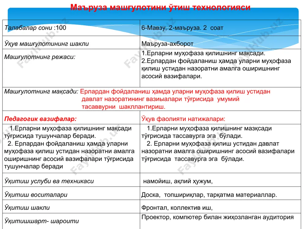 ат назорати тўғрисида низом ” интернет ресурслар: 1. http:// www. lex.uz/; 2. http:// zakon. ru ўтилган мавзуни такрорлаш учун саволлар 1. ердан фойдаланиш ва мухофаза қилиш устидан давлат назорати тушунчаси нимани англатади ? 2. ерларни мухофаза қилишнинг долзарблиги нималарда намоён бўлади? 3. ерларни муҳофаза қилиш боғлиқ муносабатлар қайси қонунчилик ҳужжатлари меъёрлари билан тартибга солинади? 4. “ерни ҳуқуқий муҳофаза қилиш" ва “ ердан фойдаланиш ҳуқуқини ҳимоя қилиш " деган тушунчалар ўртасида фарқ борми? ердан фойдаланиш ва муҳофаза қилиш устидан давлат назоратини ўтказишнинг ҳуқуқий асослари қонунлар қонун ости ҳужжатлари ўзбекистон республикаси конституцияси ер кодекси 11-боб 12-боб 83-модда 79-модда 82-модда вмнинг №66 сонли қарори ўзбекистон республикаси президентининг фармонлари 50 -модда вазирликларнинг буйруқлари, дқларнинг йўриқномалари фуқаролик кодекси мжтк 55-модда ўзбекистон республикаси вм қарорлари пп-5065 сонли пп-5199 сонли вмнинг 299– сонли қарори ерни ҳуқуқий муҳофаза қилиш тушунчаси ек 11- боб ердан оқилона фойдаланиш, уни қишлоқ хўжалиги ишлаб чиқаришидан асоссиз равишда олинишининг олдини олиш, зарарли антропоген …