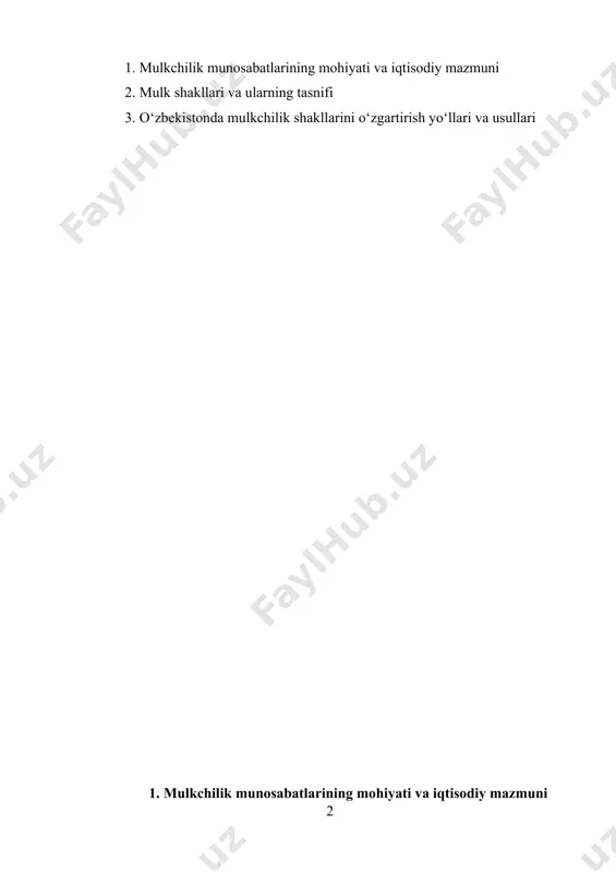, yer, binolar, transport vositalari, intellektual mulk ob’ektlari, aktsiyalar va boshqa ko‘chmas yoki ko‘char mulklar kiradi. mulk subyekti esa ushbu boyliklarga egalik qiluvchi yuridik yoki jismoniy shaxslardir. ular davlat, yirik korxonalar, kichik biznes egalari, oddiy fuqaro yoki chet el investorlari bo‘lishi mumkin. shunday qilib, mulkchilik munosabatlari obyekt va subyekt o‘rtasidagi iqtisodiy va huquqiy munosabatlar tizimidir. mulkchilikning iqtisodiy mohiyati shundan iboratki, u ijtimoiy ishlab chiqarishning asosiy bazasi hisoblanadi. mulkka egalik qiluvchi uni qanday ishlatishni belgilaydi, ishlab chiqarish jarayoniga ta’sir ko‘rsatadi, foyda olish imkoniyatiga ega bo‘ladi. iqtisodiy nuqtai nazardan qaraganda, mulkchilik ishlab chiqarish munosabatlarining yuragi bo‘lib, u jamiyatdagi resurslarning qanday taqsimlanishini, ularning boshqarilishi va foydalanish tizimini belgilab beradi. mulkchilik munosabatlari ijtimoiy tenglik, bozor munosabatlari va iqtisodiy rag‘batlarning shakllanishida asosiy omil hisoblanadi. masalan, xususiy mulk rag‘batlantiruvchi omil bo‘lib, foyda olish istagini kuchaytiradi va samaradorlikni oshiradi. mulkchilikning huquqiy jihati esa uni qonun bilan mustahkamlab qo‘yishdir. har bir davlat o‘zining mulk to‘g‘risidagi qonunchilik tizimini ishlab …