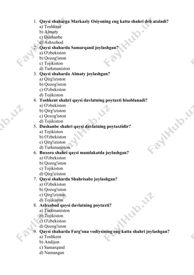 markaziy osiyoning shaharlar haqida savollar — DOCX