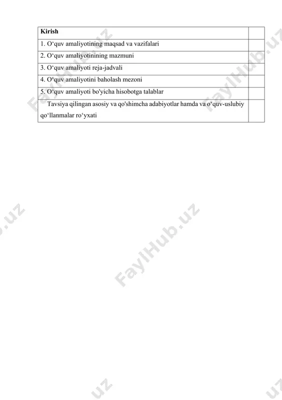 ing talabalari va amaliyot rahbarlari uchun mo‘ljallangan. о‘quv amaliyoti davrida talabalar nazariy bilimlarini amaliyotda о‘rganish uchun tabiatda tarqalgan minerallar va tuproq paydo qiluvchi jinslar bilan tanishadilar. ushbu dastur talabalarning amaliyot davrida tassavurga ega bo‘lishlari hamda bilim, malaka va ko‘nikmalarini oshirishida muhim ahamiyat kasb etadi. 1. o‘quv amaliyotining maqsad va vazifalari o‘quv amaliyotining maqsadi – talabalarning mazkur ta’lim yо‘nalishlariga qiziqish uyg‘otish, nazariy bilimlarni amaliyotda tanishish, buyumlar interneti haqidagi nazariy va amaliy bilimlarini, ularni qo’llash va buyumlar interneti tanlash bo'yicha bilim, ko'nikma va malakalarini shakllantirishdan iborat. o‘quv amaliyotining vazifasi – buyumlar internetining nazariy asoslari, ularni tuzilishi va yaratiladigan dasturiy vositalar, qayta ishlanishi, hamda yaratilgan vositalarni axborot tizimlarida tatbiq etishni o'rgatishdan iborat. 2. o‘quv amaliyotinining mazmuni “buyumlar interneti” fanidan o’quv amaliyoti belgilangan reja asosida har kuni o‘tkaziladi. amaliyot boshlanishidan oldin talabalarga o‘tkaziladigan amaliyotning asosiy maqsadi va vazifalari tushuntiriladi. o‘quv amaliyoti boshlanishidan oldin talabalarga texnika xavfsizligi to‘g‘risidagi tushuncha beriladi. qoidani tushunganligi haqida talabalarga maxsus …