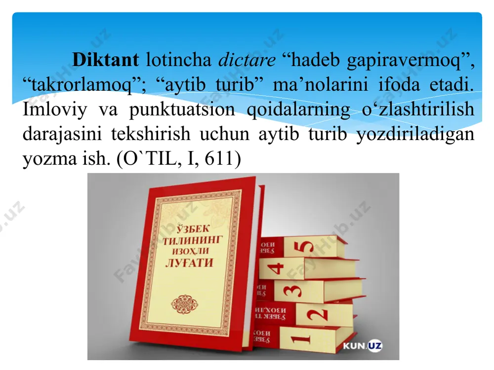 iboriga imlosi qiyin bo’lgan bir necha so’zlar havola qilinadi, ya’ni o’qib eshittiriladi. o’quvchilar so’zlarni yozib bo’lib, bir karra tekshirib chiqadilar. shundan so’ng aytilgan so’larning qanday yozilishi namoyish qilinadi. o’quivchilar o’zlarining yozganlarini qiyoslab, o’z xatolarni aniqlaydilar 3. erkin diktant. o’qituvchi matnni o’qib beradi. bir o’quvchi mazmunini gapirib beradi. imlosi qiyin so’zlar izohlanadi. keyin o’qituvchi birinchi xat boshidan o’qiydi. o’quvchilar esida qolganini yozadi. gapdag so’zlar soni ko’payishi yoki ozayishi mumkin.o’quvchilar yozganlarini tekshirib chiqadilar. matnni tekshirishda mazmuniga va imlosiga e’tibor qaratiladi. 4. izohli diktant. o’qituvchi matnni yozdiradi. o’qituvchi o’quvchilardan matndagi qaysi so’zlarni yozishda qiyinchilikka uchraganlarini so’raydi va shunday so’zni aniqlab uning yozilishini izohlaydi. o’qituvchining o’zi biror so’zning yozilishini izohlashni talab qilishi ham mumkin. 5. ta’kidiy diktant. matn o’qituvchi tomonidan yozdiriladi. matndagi ayrim so’zlar orqali u yoki bu imlo qoidalari esga olinadi. 6. yoddan yozuv. o’quvchilarning xotirasini mustahkamlashda diktantning bu turi katta ahamiyatga ega.tanlangan matn namoyish qilinadi. (ekranga tushiriladi yoki ko’chma doskaga yoziladi). 2-3 …