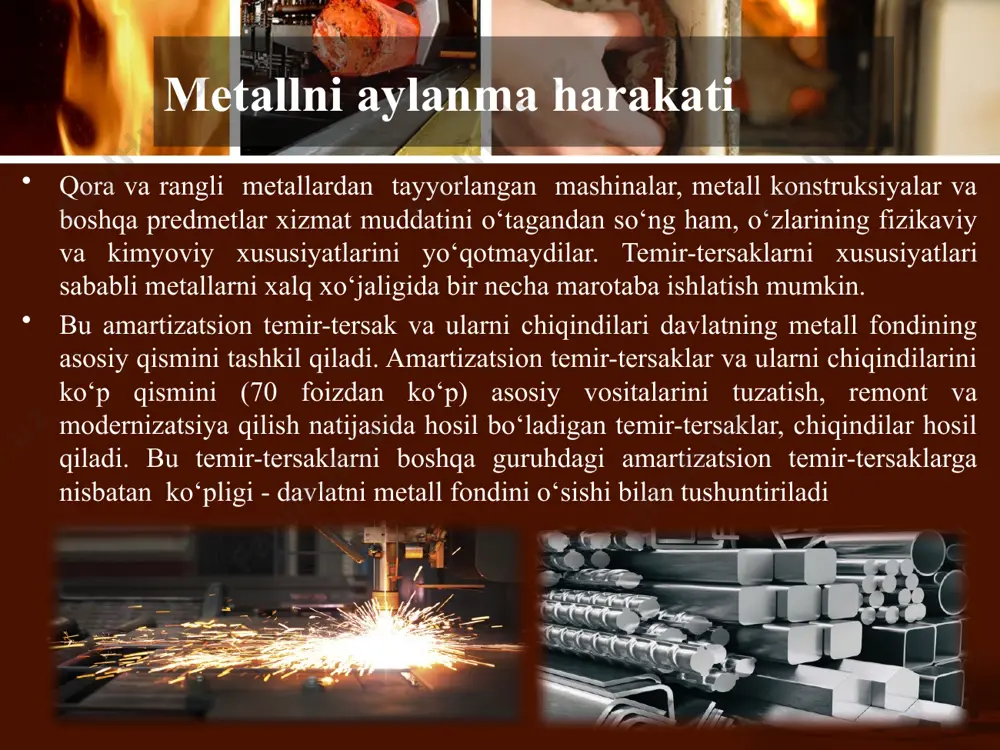 arqalgan bo‘ladi. davlat metallar fondini aniqlash quyidagi uch asosiy hisoblash usullarida biridan amalga oshiriladi: natural usul qiymat usuli metall sarflash usuli natural usul natural usul turli xildagi, tarkibida metall bo‘lgan ob’ektlarni (bino, qurilma, mashina, moslamalar va boshqalar) birlik miqdorini inventar (buyum, jihoz) hisobga olish haqidagi ma’lumotlarini va har qaysi turdagi asosiy fondlar birligidagi metall massasi haqidagi ma’lumotlarni foydalanishga asoslangan. tegishli ma’lumotlarni ko‘paytmasi va ularni yig‘indisi metall fondining taxminiy hajmini aniqlash imkoniyatini beradi. qiymat usul qiymat usul asosiy fondlarning metall hajmini aniqlashga asoslangan. bunda narhi taxminan 1000 dollarga teng bo‘lgan asosiy fondlarni guruh va turlar bo‘yicha metall miqdorini aniqlaydi. asosiy fondlarning metall hajmi materiallarning qayta narhlash bo‘yicha, mashinalar sonini ro‘yxatga olish bo‘yicha, preyskurant bo‘yicha, qurilish-montaj ishlariga qora metallar sarf me’yori bo‘yicha va boshqa ko‘rsatkichlar bo‘yicha aniqlash mumkin. qiymat usul boshqa usullarga nisbatan ancha universal, chunki narh bo‘yicha baholash asosiy fondlarini butun qamrovini ta’minlaydi. asosiy fondlarning narhi buxgalteriya va statistika hisoblarida to‘htovsiz …
