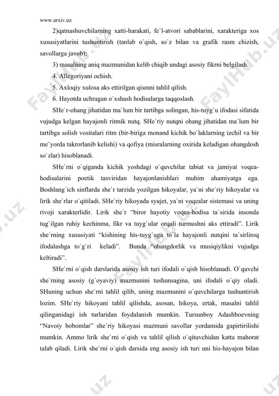 quvchi she`rning asosiy (g`oyaviy) mazmunini tushunsagina, uni ifodali o`qiy oladi. shuning uchun she`rni tahlil qilib, uning mazmunini o`quvchilarga tushuntirish lozim. she`riy hikoyani tahlil qilishda, asosan, hikoya, ertak, masalni tahlil qilinganidagi ish turlaridan foydalanish mumkin. tursunboy adashboevning “navoiy bobomlar” she`riy hikoyasi mazmuni savollar yordamida gapirtirilishi mumkin. ammo lirik she`rni o`qish va tahlil qilish o`qituvchidan katta mahorat talab qiladi. lirik she`rni o`qish darsida eng asosiy ish turi uni his-hayajon bilan ifodali o`qishdir. she`r ifodali o`qilgach, undagi tushuntirilishi zarur bo`lgan so`z va iboralar ikki-uch so`z bilan qisqacha izohlanadi. she`rni o`qishdan oldin ba`zan unda tasvirlangan yil fasllari haqida suhbat o`tkaziladi yoki she`r mazmunini tushunish uchun o`quvchilar bilishi lozim bo`lgan voqealarni o`qituvchi qisqa aytib beradi. ba`zi she`rlarni o`qishga o`quvchilarni uzoqroq tayyorlash, masalan, qudrat hikmatning “qish”, “bahor” she`rlarini o`qishdan oldinroq tabiatni kuzatish, boqqa, qir-adirlarga ekskursiya o`tkazish maqsadga muvofiq. boshlang`ich sinflarda ko`rgazmali ta`limning asosiy formasi lirik she`rni ifodali o`qish hisoblanadi. lirik she`rni ham, she`riy hikoyani ham o`quvchilar …