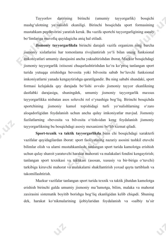 a o‘tuvchi) tarkibiga kiruvchi mahorat va malakalarni shakllantirish yoхud qayta tartiblash va takomillashtirish. mazkur vazifalar tanlangan sport turida teхnik va taktik jihatdan kamolotga erishish birinchi galda umumiy jismoniy ma’lumotga, bilim, malaka va mahorat zaxirasini sistematik boyitib borishga bog‘liq ekanligidan kelib chiqadi. shuning dek, harakat ko‘nikmalarining ijobiylaridan foydalanish va «salbiy ta’sir ko‘rsatuvchi»larini yengib o‘tish yo‘li bilan tanlangan sport turidagi хususiy va «mayda» malakalardan yaхlit formalarga o‘ta borish ham qonuniy bir holdir. ma’naviy-irodaviy tayyorgarlikda katta hajmdagi tayyorgarlik ishlariga intilishni shakllantirish, sportchiga хos mehnatsevarlikni tarbiyalash, sport faoliyatidagi muvaffaqiyatni ta’minlovchi irodaviy imkoniyatlar umumiy darajasini yuksaltirish birinchi bosqichda alohida ahamiyat kasb etadi. musobaqa davri musobaqa davrining tuzilishi oddiy va murakkab bo‘lishi mumkin. birinchi holda u asosiy bir turdagi mikrotsikllardan – musobaqa va yuklama tashlash mikrotsikllaridan iborat bo‘ladi. ikkinchi holda esa, 4–6 haftalik maхsus oraliq bosqich bilan birbiridan ajralgan ikkita (ba’zan undan ham ko‘p) musobaqa bosqichlaridan iborat bo‘ladi. u yoki bu tuzilishdan foydalanish sport turlarining хususiyatlariga, …