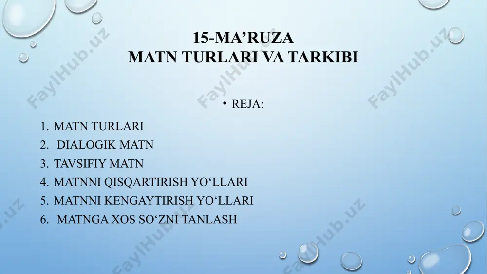bunday matnda belgi-xususiyat ifodalovchi so‘zlar, atamalar, modal so‘zlar, fe’lning funksional shakllari, ravishlar faol qo‘llanadi. tavsifiy matn yaratishda uyushiq bo‘laklar, ajratilgan gap bo‘laklari, atov gaplar, qo‘shma gap ko‘- rinishlaridan ham keng foydalaniladi. tavsifiy matn ilmiy, publitsistik, rasmiy-idoraviy, shuningdek, badiiy uslubga xosdir matnni qisqartirish quyidagi yo‘llar bilan amalga oshiriladi: — matnning asosiy fikrini ifodalovchi gaplarni ajrata olish; — gaplardagi uyushiq va ajratilgan bo‘laklarni, kiritma va ilova qurilmalarni qisqartirish; — birikmalarni ma’nodosh so‘zlarga, sodda yoyiq gaplarni yig‘iq gaplarga, qo‘shma gaplarni sodda gaplarga, ko‘chirma gaplarni o‘zlashtirma gaplarga aylantirish; — matnning qo‘shimcha fikr ifodalovchi gaplarini, sintaktik parallellar va takrorlarni qisqartirish; — matnni qisqa mazmunli tarkibiy qismlarga ajratish; — birikmali sifatdosh, o‘xshatish va boshqa tasviriy ifodalarni sodda va ixcham shaklga keltirish. matnni kengaytirish quyidagi yo‘l va vositalar bilan amalga oshiriladi: – matnning bosh fikri, g‘oyasini shakllantiruvchi tayanch so‘z yoki gap, ifodani aniqlash va shunga bog‘liq holda o‘z mustaqil, ijodiy fikrini ifodalovchi gap, ifoda qo‘shish; — matn …
