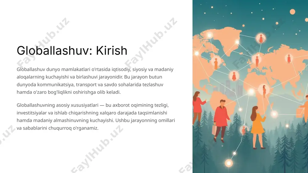 niy munosabatlari kuchayib, bir-birini tushunish ortadi. qashshoqlikni kamaytirish yangi ish o‘rinlari yaratilishi va iqtisodiy imkoniyatlarning kengayishi qashshoqlikni kamaytirishga xizmat qiladi. 4 globallashuvning salbiy ta'sirlari iqtisodiy tengsizlik ba'zi mamlakatlar va ijtimoiy guruhlar global foydadan nisbatan kamroq ulush olishadi. tengsizlik ko‘plab muammolarni, jumladan ijtimoiy beqarorlikni kuchaytiradi. ish o'rinlari yo'qolishi avtomatlashtirish va arzon ishchi kuchi joylashgan boshqa mamlakatlarga ko'chish natijasida ish o'rinlari kamayishi kuzatiladi. ishchilar huquqlari va sharoitlari zaiflashadi. madaniy homogenizatsiya global madaniyat dominantligi milliy o'ziga xoslik va an'analarni yo'qotish xavfini keltirib chiqaradi. ekologik muammolar industrializatsiya va transport foydalanishining ko'payishi atrof-muhitga yukni oshiradi, resurslarni kamaytiradi. 5 globallashuv va o'zbekiston ishtirok va integratsiya o'zbekiston globallashuv jarayonida o'z o'rnini mustahkamlash uchun xalqaro iqtisodiy bozorlar bilan hamkorlik qiladi. investitsiyalar va texnologiyalar chetdan kelgan investitsiyalar va yangi texnologiyalar sanoatning modernizatsiyasiga xizmat qilmoqda. turizm rivoji madaniy meros va tabiiy go'zalliklar global sayyohlik oqimlarini rag'batlantirmoqda, iqtisodiy daromadni oshirmoqda. 6 globallashuvning o'zbekiston iqtisodiyotiga ta'siri eksport va import o'sishi o'zbekistonning xalqaro …