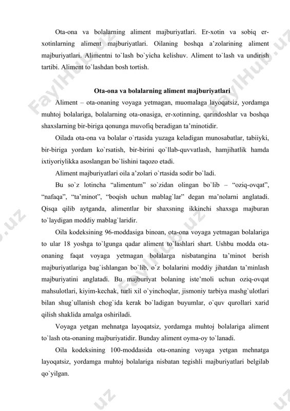 anadi. oila kodeksining 100-moddasida ota-onaning voyaga yetgan mehnatga layoqatsiz, yordamga muhtoj bolalariga nisbatan tegishli majburiyatlari belgilab qo`yilgan. ota-ona voyaga yetgan mehnatga layoqatsiz, yordamga muhtoj bolalariga ta’minot berishi shartdir. voyaga yetgan mehnatga layoqatsiz, yordamga muhtoj bolalariga ta’minot berish ota-onaning kelishuviga binoan amalga oshiriladi. ota-ona o`rtasida bunday kelishuvga erishilmagan taqdirda, nizo sud tartibida hal qilinadi. oila kodeksining 108-moddasiga ko`ra, mehnatga layoqatsiz, yordamga muhtoj voyaga yetgan bolalar ota-onasidan, agar ular yo`q bo`lsa, qarindoshlari va oila kodeksida ko`rsatilgan boshqa shaxslardan o`z ta’minoti uchun aliment talab qilish huquqiga ega. bunday hollarda aliment miqdori sud tomonidan aliment to`lash shart bo`lgan shaxsning moddiy va oilaviy ahvoli hisobga olinib, pul bilan to`lanadigan qat’iy summada belgilanishi mumkin. voyaga yetgan bolalar 1 yoki 2-guruh nogironi deb topilgan bo`lsalar, so`zsiz, o`z ota-onalaridan aliment olish huquqiga ega bo`ladilar. lekin 3-guruh nogironligini belgilashda shaxsning mehnat layoqatini anchagina yo`qotgani va bu layoqatning uzoq vaqt davomida pasayib borishi asos bo`ladi. ammo bunday shaxsning mehnat layoqati …