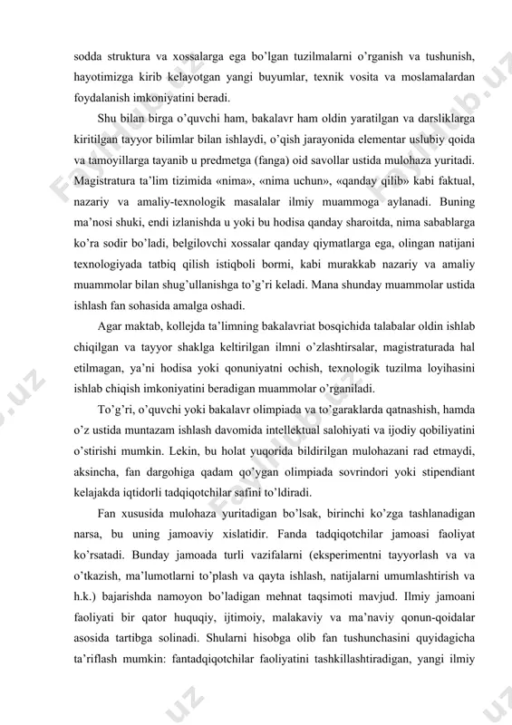 iqtidorli tadqiqotchilar safini to’ldiradi. fan xususida mulohaza yuritadigan bo’lsak, birinchi ko’zga tashlanadigan narsa, bu uning jamoaviy xislatidir. fanda tadqiqotchilar jamoasi faoliyat ko’rsatadi. bunday jamoada turli vazifalarni (eksperimentni tayyorlash va va o’tkazish, ma’lumotlarni to’plash va qayta ishlash, natijalarni umumlashtirish va h.k.) bajarishda namoyon bo’ladigan mehnat taqsimoti mavjud. ilmiy jamoani faoliyati bir qator huquqiy, ijtimoiy, malakaviy va ma’naviy qonun-qoidalar asosida tartibga solinadi. shularni hisobga olib fan tushunchasini quyidagicha ta’riflash mumkin: fantadqiqotchilar faoliyatini tashkillashtiradigan, yangi ilmiy bilimlar ishlab chiqaradigan, olingan natijalarni amaliyot va texnologiyaga joriy qiladigan ijtimoiy institutdir (muassasasidir). fan o’zagini yangi bilimlar ishlab chiqarishga qodir bo’lgan tadqiqotchilar tashkil qiladi. tadqiqotchilar maxsus til, eksperiment va ilmiy usullardan foydalanish jarayonida innovasiyaga olib keladigan yangi natijalarni qo’lga kiritadilar, kashf qiladilar, voqyelikdagi narsa va hodisalarni tushuntirib beradigan ta’limotlar, g’oyalar va nazariyalarni ishlab chiqaradilar, hosil bo’lgan bilimlarni texnologik loyiha va modellar ko’rinishida amaliyotga tadbiq qiladilar. fanning muhim tomonini ilmiy axborot ishlab chiqish va iste’mol qilish, tadqiqot vositalari …