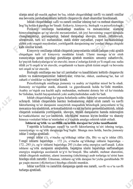 rga mashina va mexanizmlar hamda ish jihozlarining nosozligi, elektr qurilmalarining yerga ulanmaganligi, yuklashtushirish mashinalaridan noto‘g‘ri foydalanish, mashina va mexanizmlar konstruksiyasini mehnat muhofazasi talablariga javob bermasligi kabilar kiradi. sanitar-gigiyenik sabablarga esa mehnat gigiyenasi, sanitar me’yorlar va qoidalarga amal qilmaslik, yoritilganlik, harorat, nisbiy namlik, havoning harakatlanish tezligi, havoning bosimi kabi ko‘rsatkichlarni me’yordan chetga chiqishi, yuqori miqdordagi shovqin, titrash, havoning changlanganligi yoki gazlanganligini kiritish mumkin. tashkiliy sabablarga ish rejimi va dam olish rejimini noto‘g‘ri tashkil etilganligi, sog‘lom va xavfsiz ish sharoitini yaratilma-ganligi, ishchilarni xavfsizlik texnikasi qoidalari bo‘yicha o‘qitilmaganligi, ish joylarida ogohlantiruvchi belgilarni bo‘lmas-ligi, nomutaxassislarni ishga qabul qilish, maxsus kiyim-boshlar hamda shaxsiy himoya vositalari bilan ishchilarni ta’minlan-maganligi va boshqalar misol bo‘la oladi. psixofiziologik sabablarga bajarilayotgan ishga e’tiborsiz qaralishi, ishchining o‘z faoliyatida bo‘lgan nazoratining bo‘shligi, jismoniy yoki asabiy toliqish va boshqa shu kabilar kiradi. ishlab chiqarishdagi хаfli va zararli оmillar baxtsiz hodisalarni keltirib chiqaruvchi sabablardan farq qiladi. baxtsiz hodisalarning sabablari mehnat muhofazasi bo‘yicha standartlar, qonun-qoidalar …