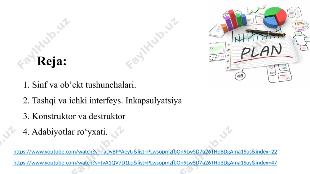 vatlaydi. bu printsiplar quyidagilardir: inkapsulyatsiya, merosxo'rlik, polimorfizm. tashqi va ichki interfeys. inkapsulyatsiya • ichki interfeys – bu faqat ushbu ob'ektning boshqa usullaridan foydalanish mumkin bo'lgan xossalar va usullari, ular "xususiy" deb ham nomlanadi. • tashqi interfeys – bu ob'ekt tashqarisidan kirish mumkin bo'lgan xossalar va usullar, ular "ommaviy" deb nomlanadi. • inkapsulyatsiya – bu sinfda ishlatiladigan ma'lumotlar maydonlari va usullarini birlashtirishga va foydalanuvchidan ichiki interfeys detallarini yashirishga imkon beruvchi dasturlash mexanizmi. • inkapsulyatsiya jarayonini amalga oshirish uchun quyidagicha kirish xususiyatlari mavjud: public – sinfning ochiq (oshkor) bo‘limi. bu bo‘limdagi maydonlar va metodlarga sinfning ichki va bir vaqtning o‘zida tashqi maydon va metod sifatida murojaat qilish mumkin. ushbu bo'lim "tashqi interfeys" ni tashkil qiladi; private – sinfning yopiq bo‘limi. bu bo‘limdagi metod va maydonlarga faqat sinf ichida murojaat qilish mumkin. bu bo‘lim “ichki interfeys”ni tashkil qiladi. jimlik holatida sinfning barcha maydonlari – private; protected – sinfning maxsus o‘lchami. bunda maydon va …